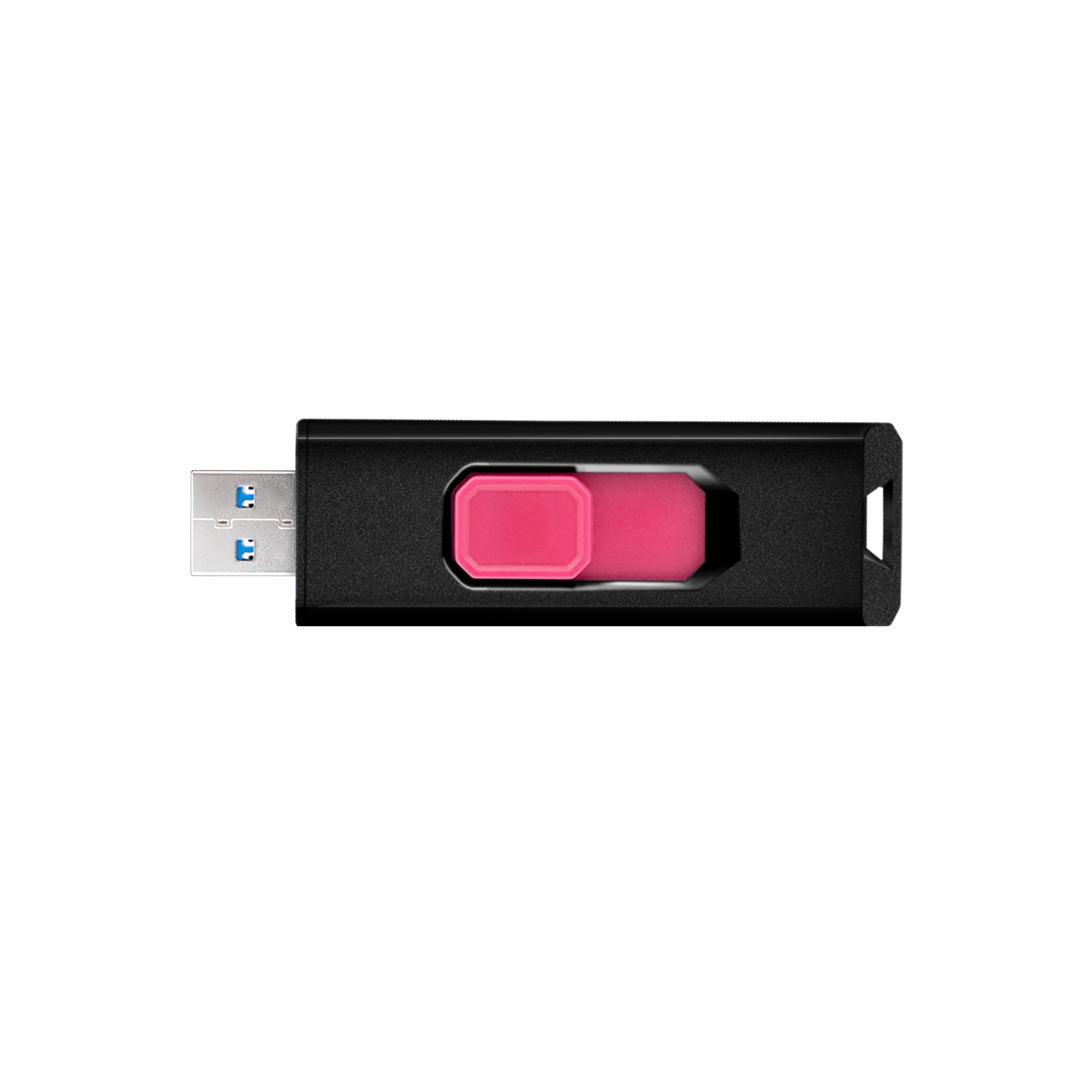 Fekete USB-meghajtó rózsaszín csúszkával és kék USB-csatlakozóval.