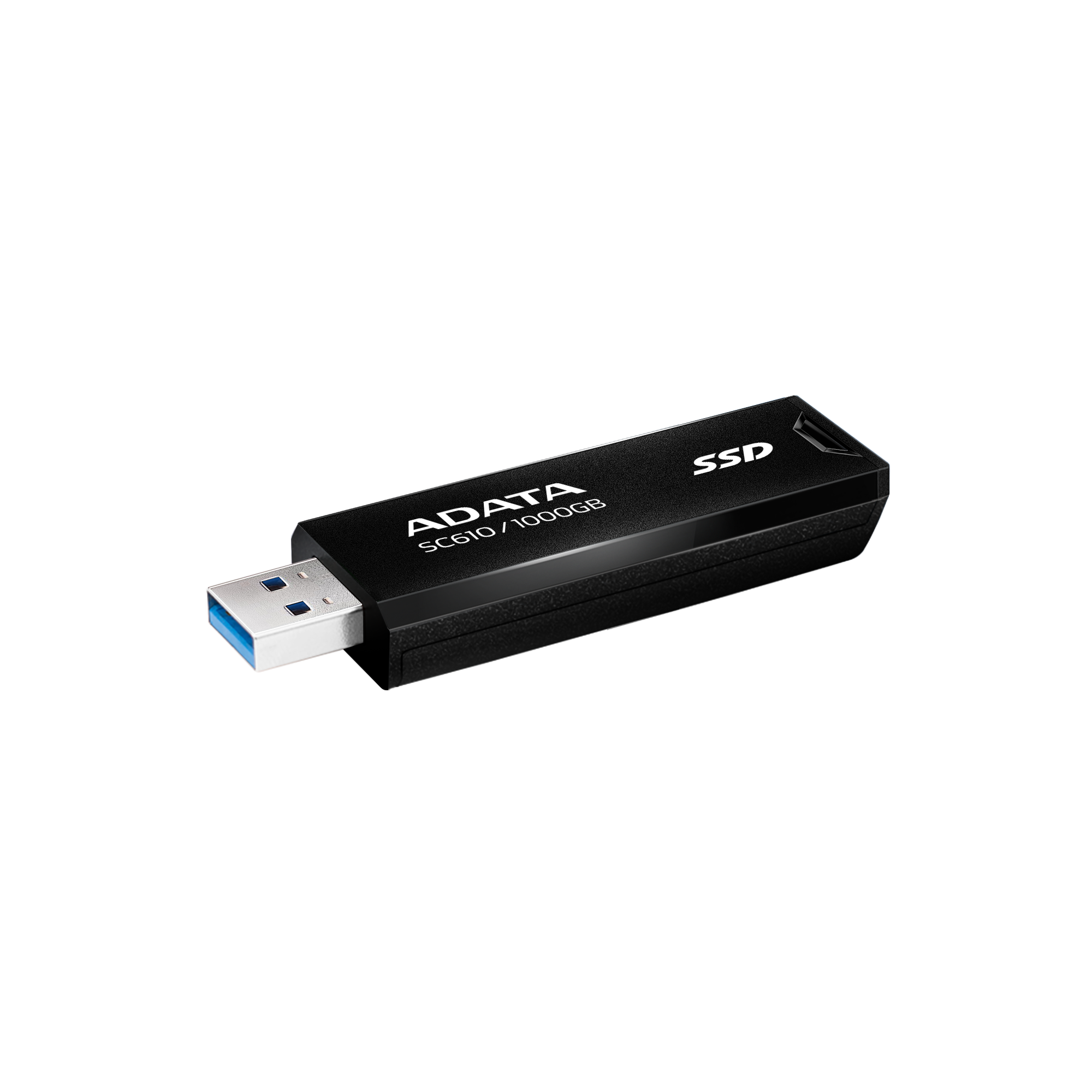 Fekete ADATA SC610/1000GB SSD USB meghajtó kék USB csatlakozóval.