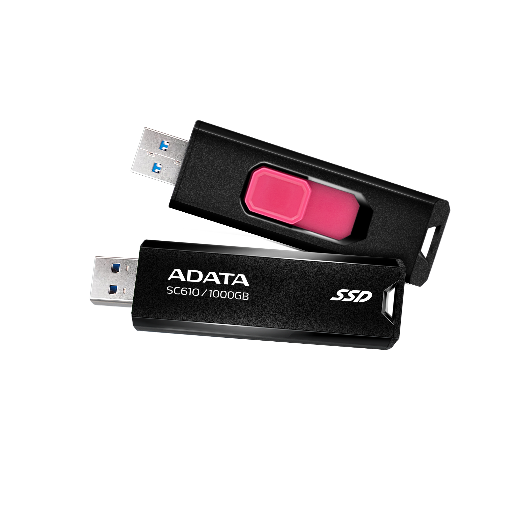 Két fekete ADATA USB-meghajtó, egy piros csúszkával, fekete felületen.