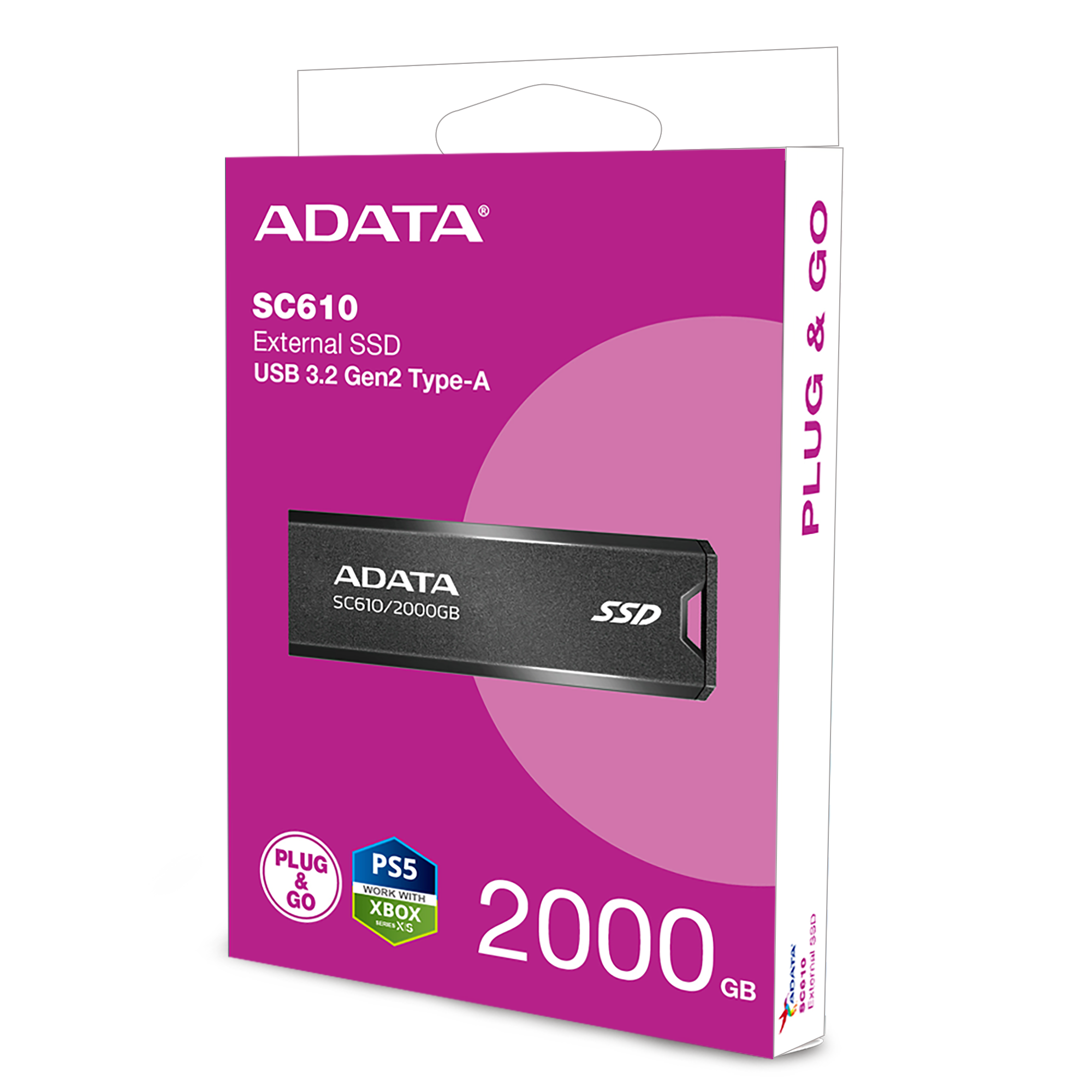 ADATA külső SSD doboza. A doboz lila és fekete, az SSD képével.