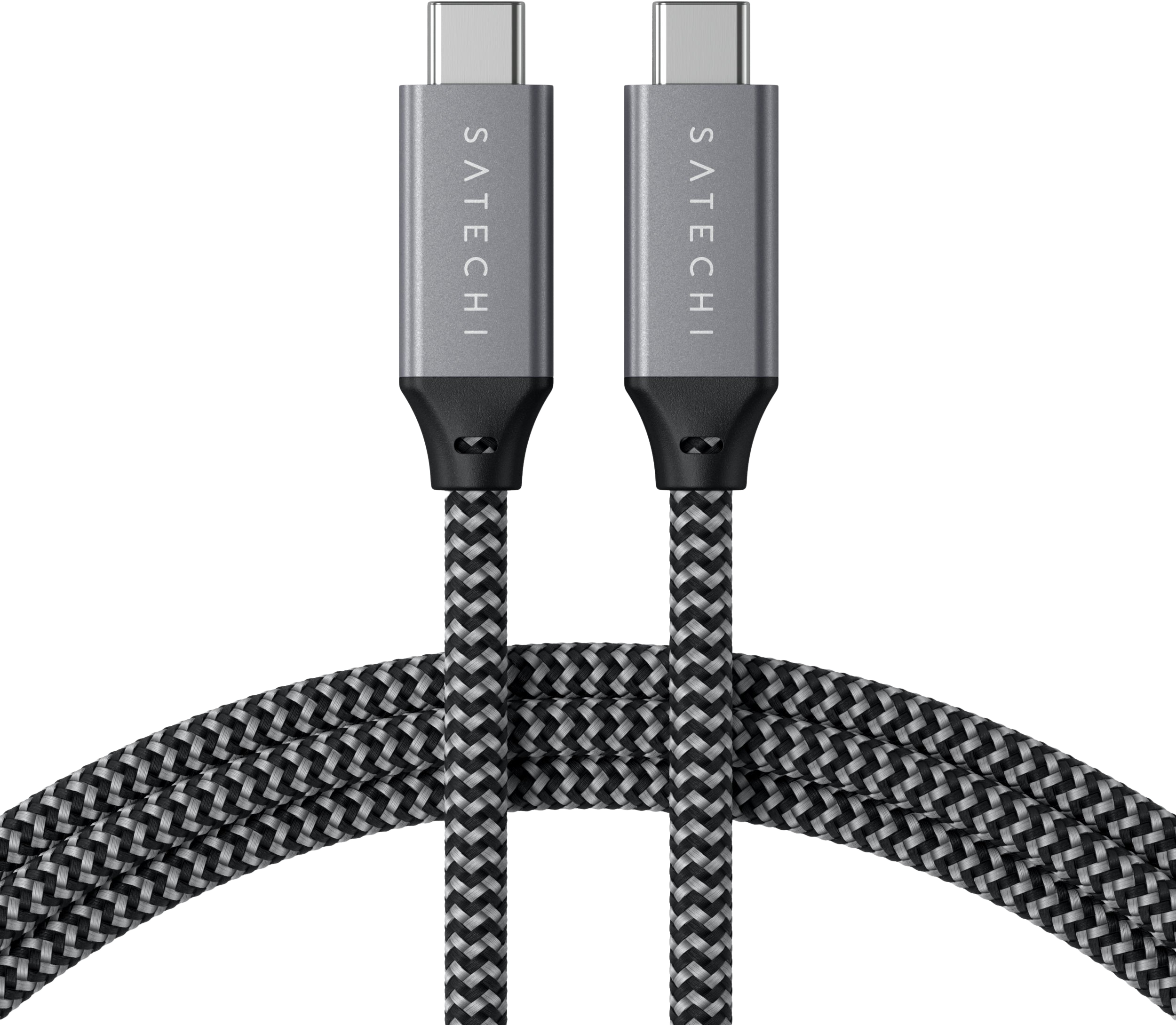 Két USB-C kábel egymás mellett. Szürke csatlakozók fekete-szürke fonott kábelekkel.