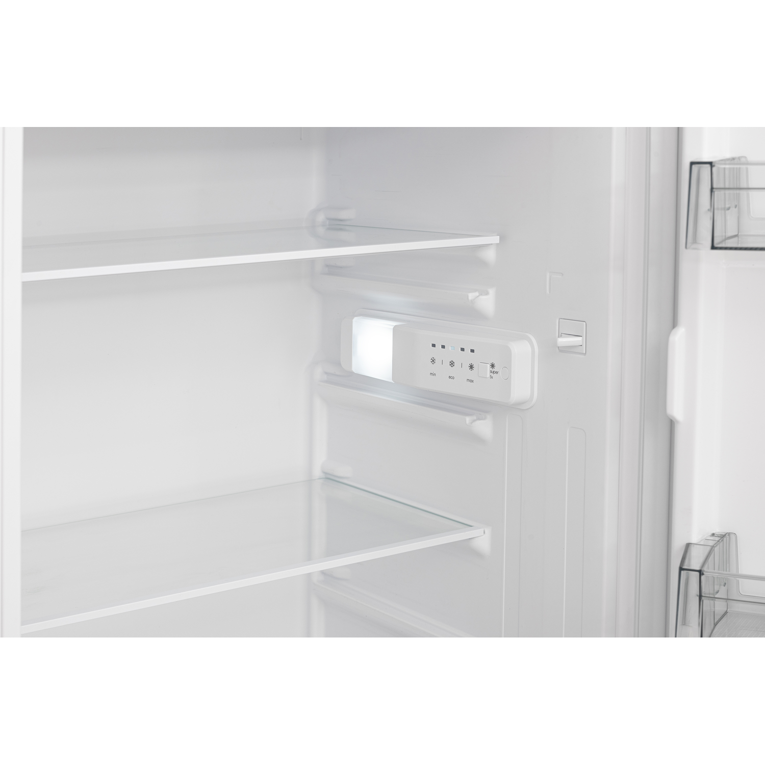 Interior of a refrigerator, with shelves and a light fixture. White background.
