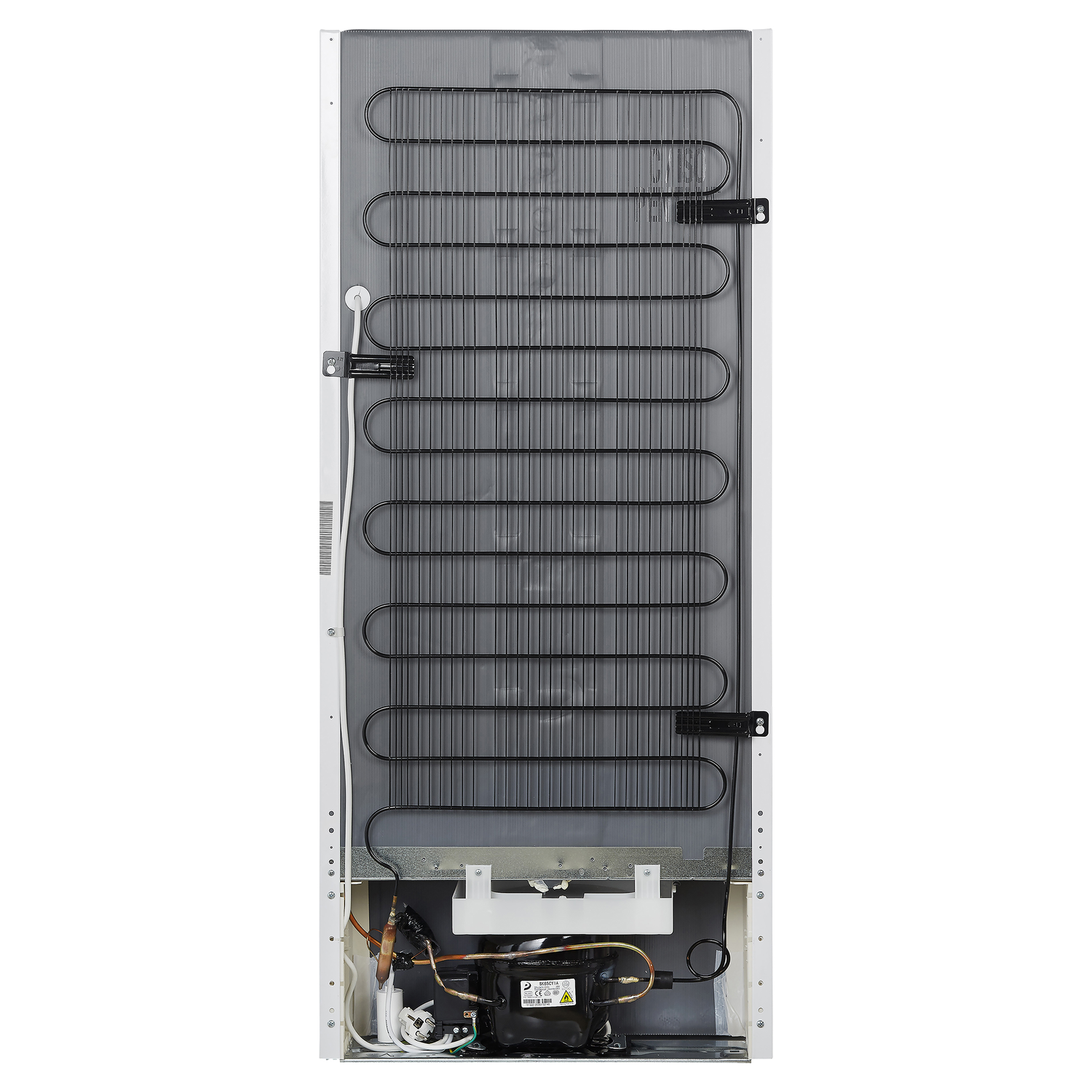 Back view of a refrigerator with a dark metal grid and various components at the bottom.