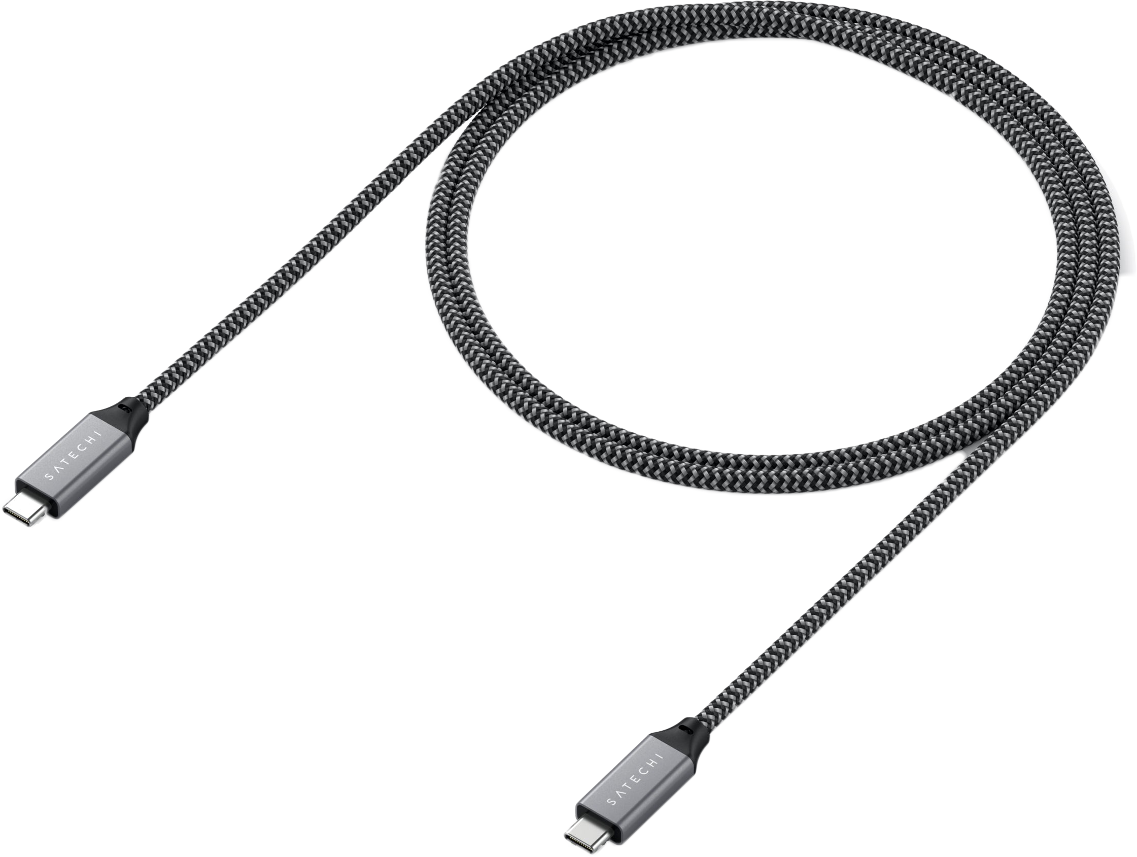 Egy fekete-szürke fonott USB-C kábel, ami egy egyszerű háttéren fekszik.