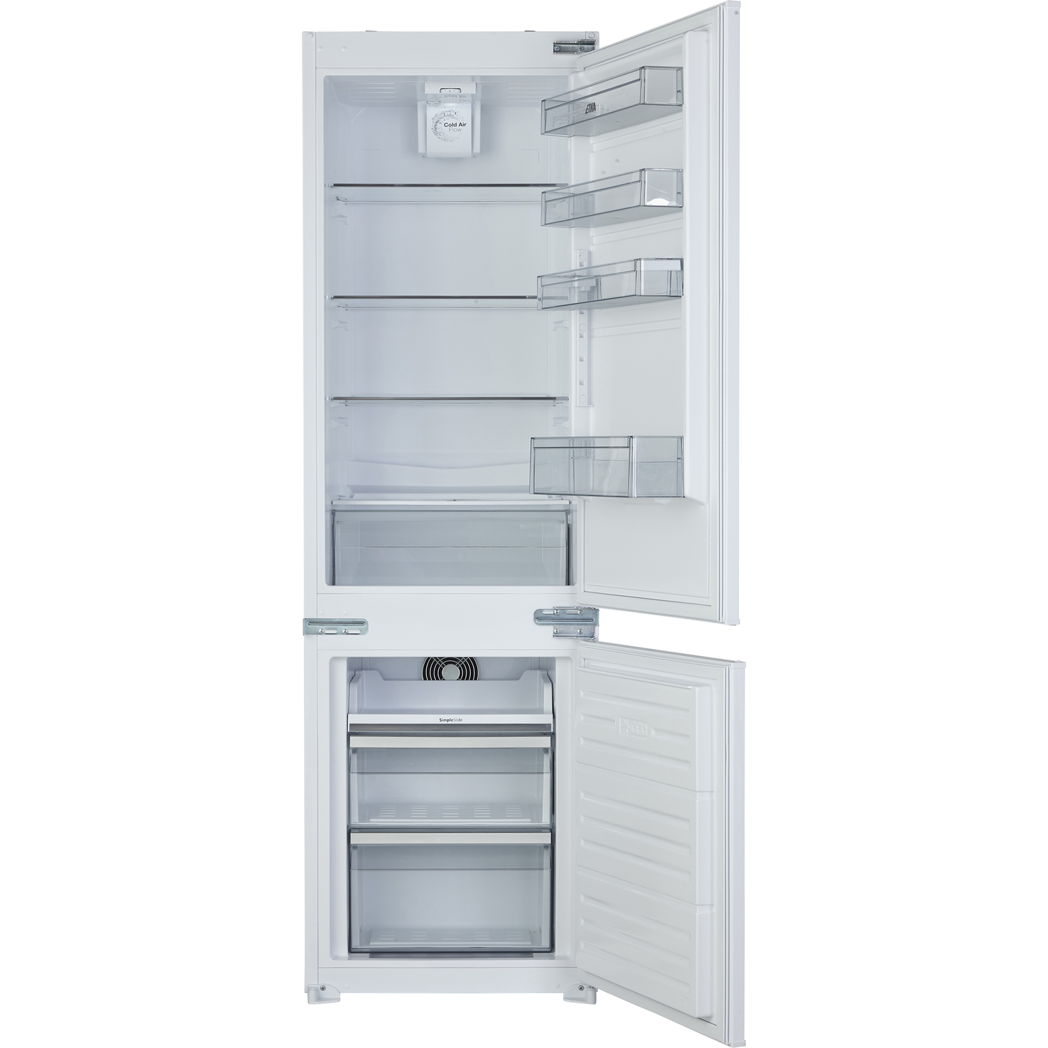 A built-in refrigerator with the doors open, showing the interior with shelves and drawers.