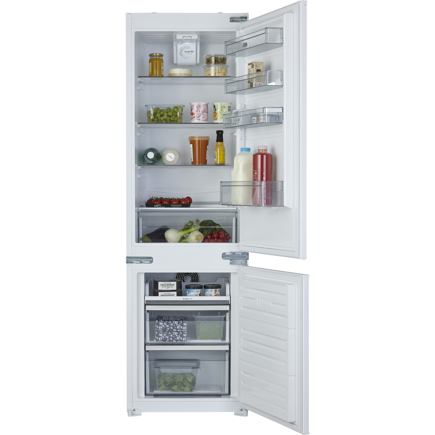 A refrigerator with upper and lower compartments, open to reveal shelves, drawers, and food items.