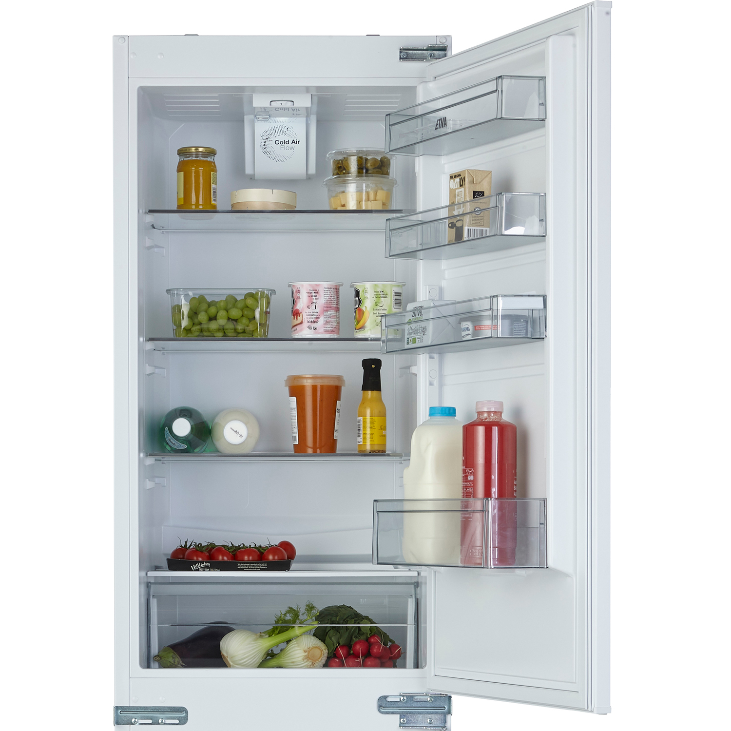 Open refrigerator interior with shelves of food: vegetables, sauces, drinks, and jars.