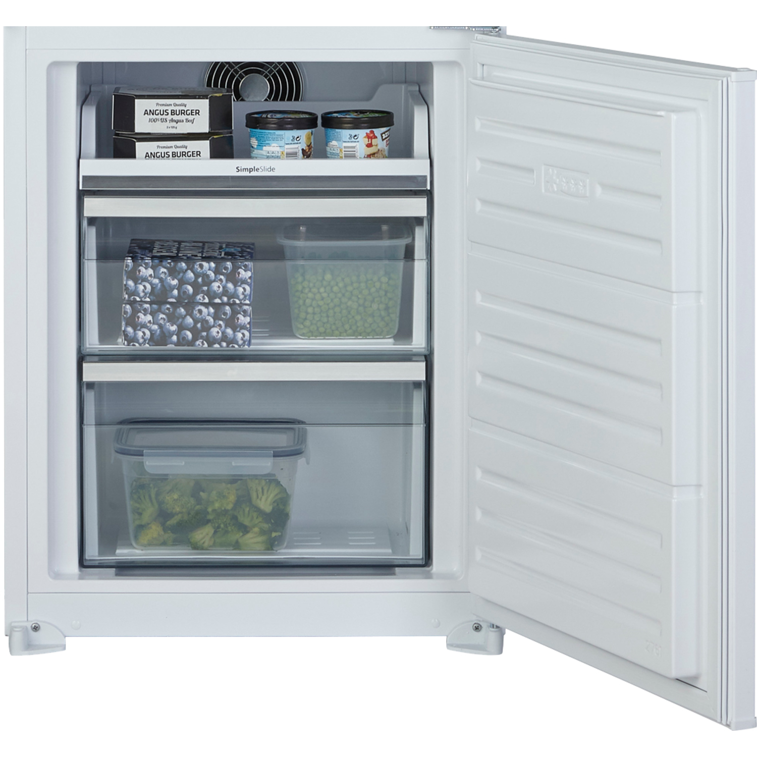 A white freezer with the door open, showing shelves of frozen food.