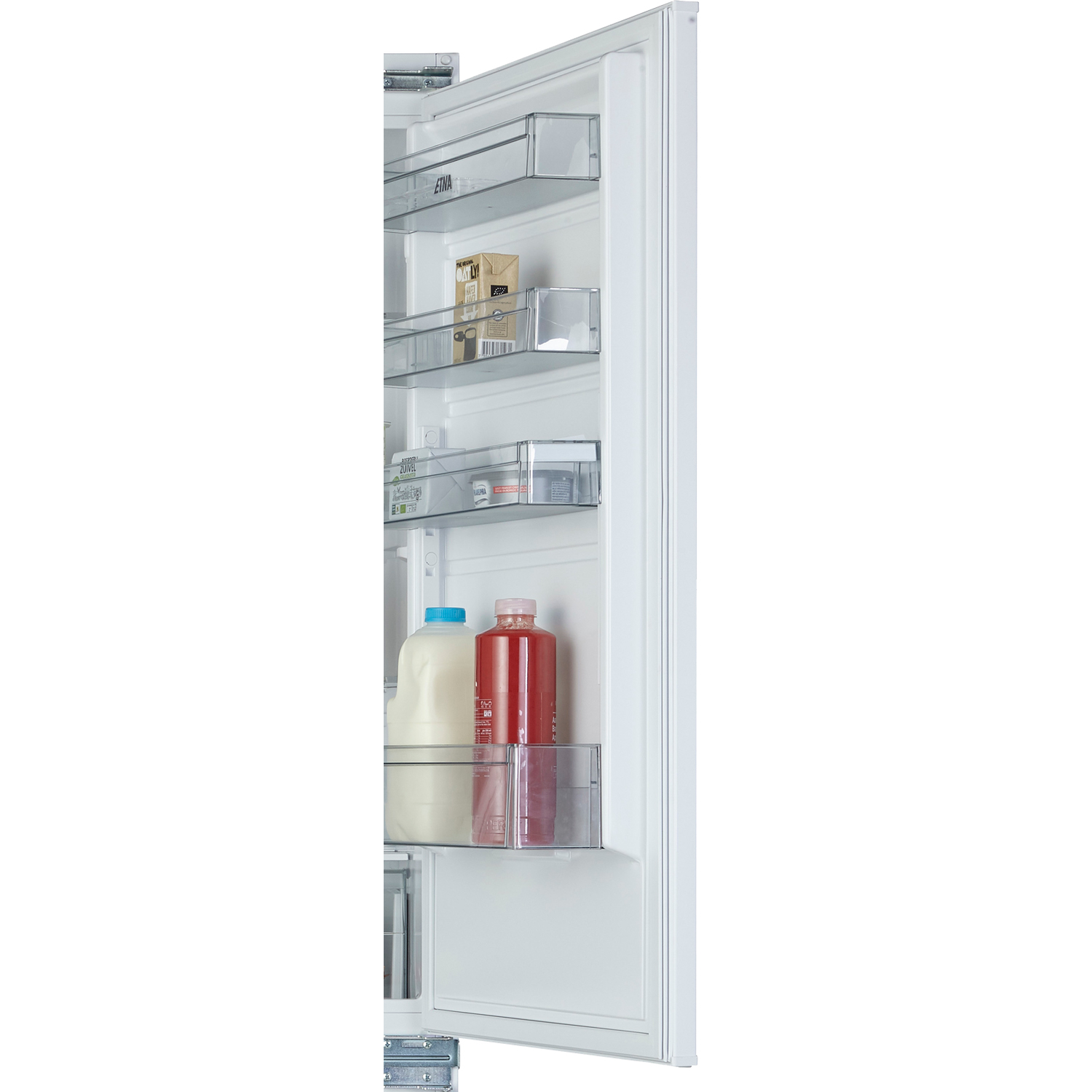 Open refrigerator door with shelves. Contains milk, juice, and other food items. White interior.