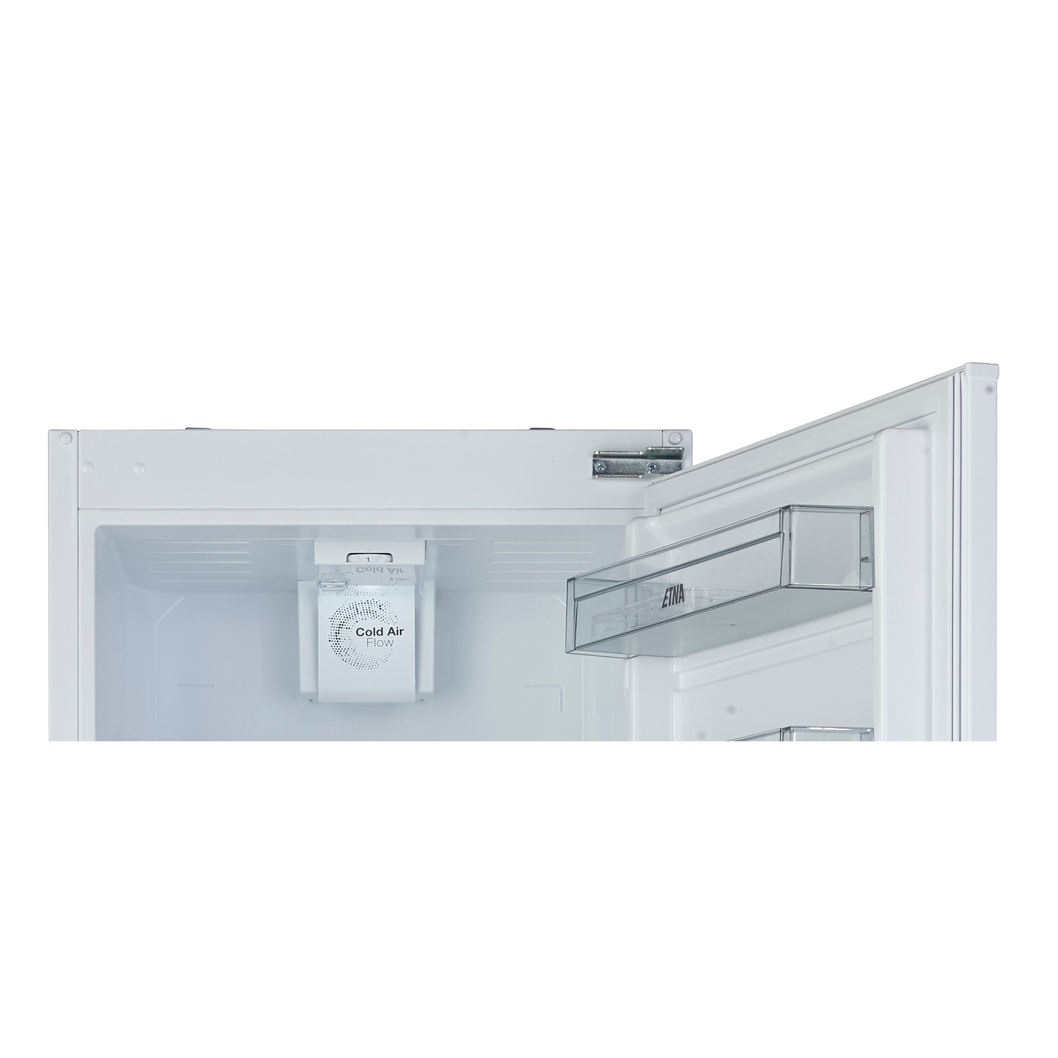 An open white refrigerator interior with a cold air flow system and an EINA shelf.