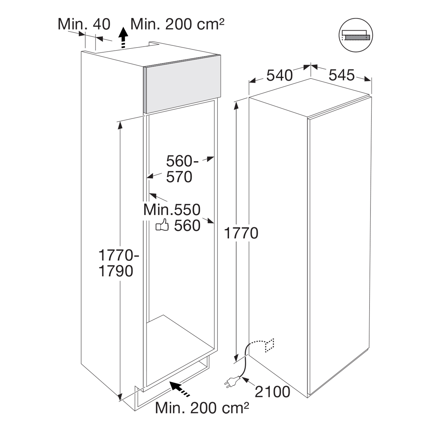 Diagram met de afmetingen van een koelkast en zijn componenten.