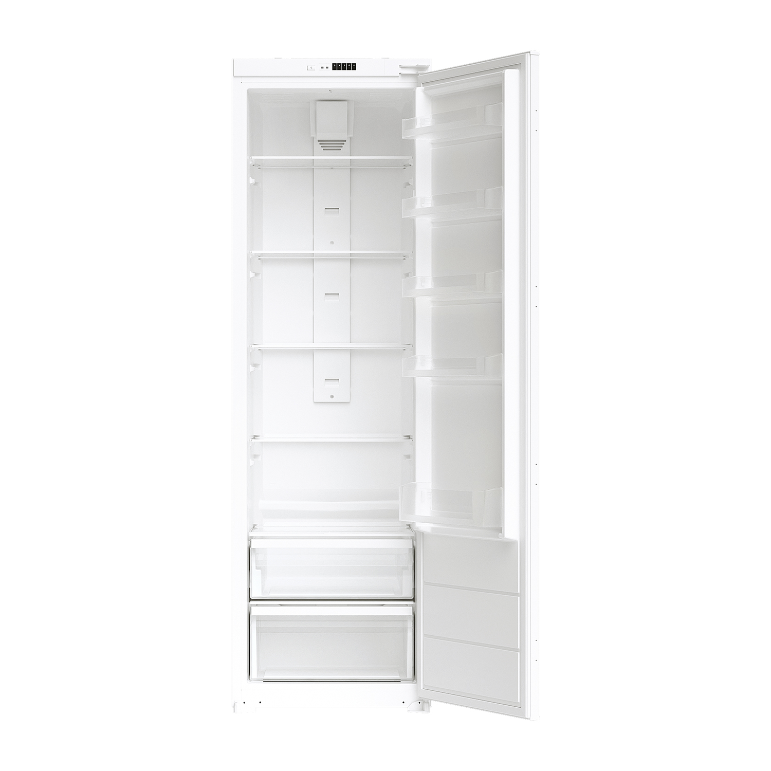 Open witte koelkast met planken, laden en binnenverlichting.