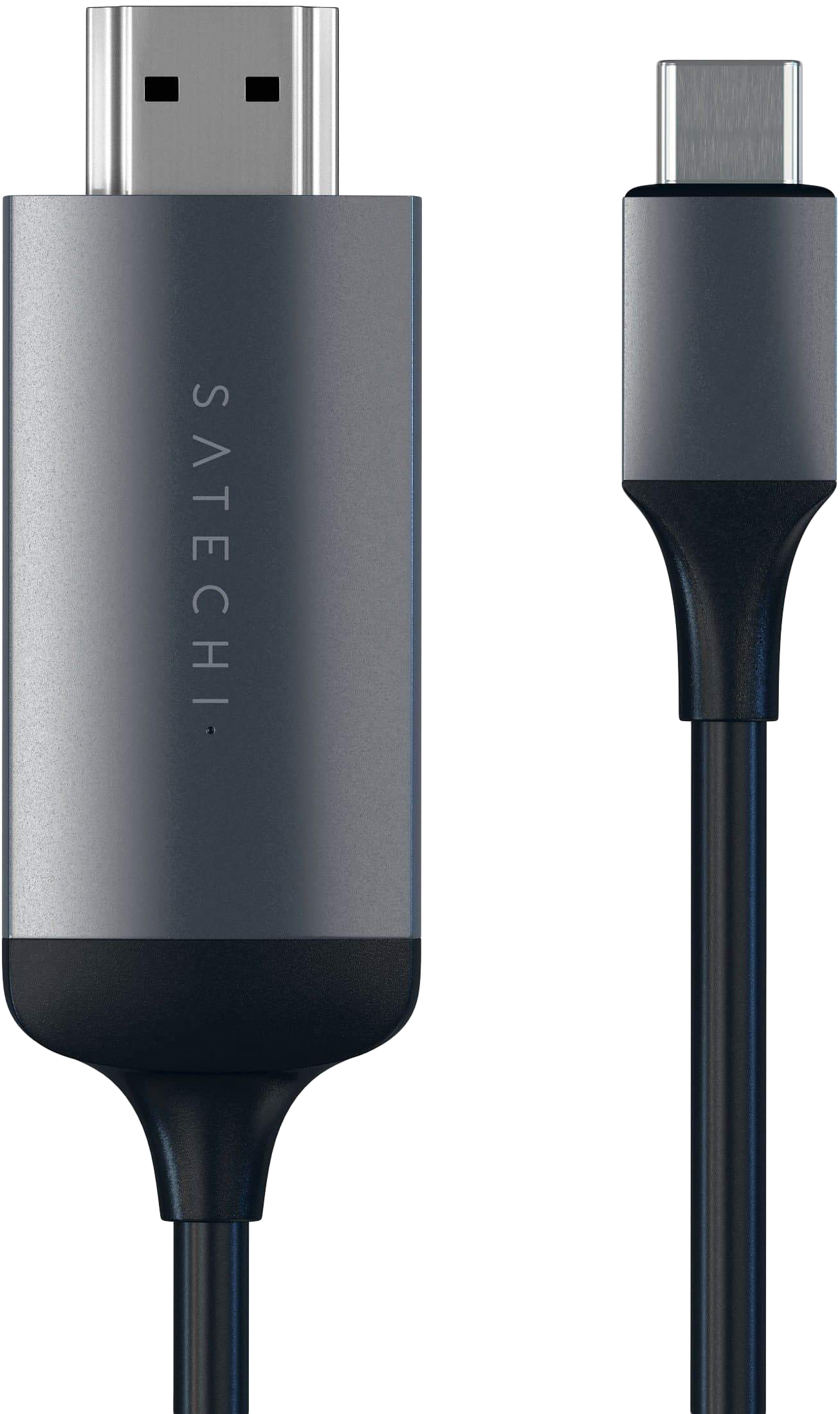 Satechi USB-C - HDMI adapterkábel. Fekete kábel ezüst portvégekkel.