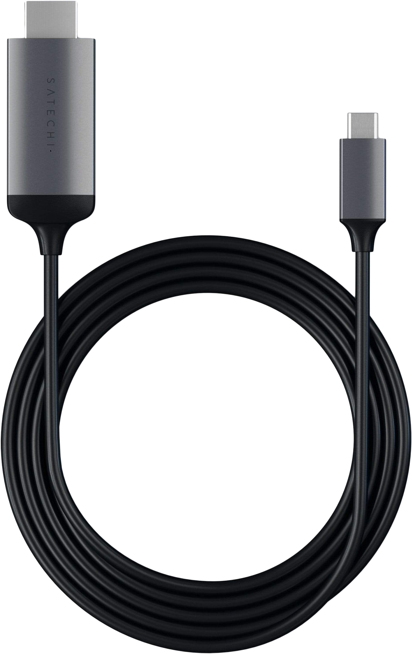 Fekete és szürke Satechi adapterkábel. USB-C - USB-C. Fekete háttér. Közeli felvétel, szögben.