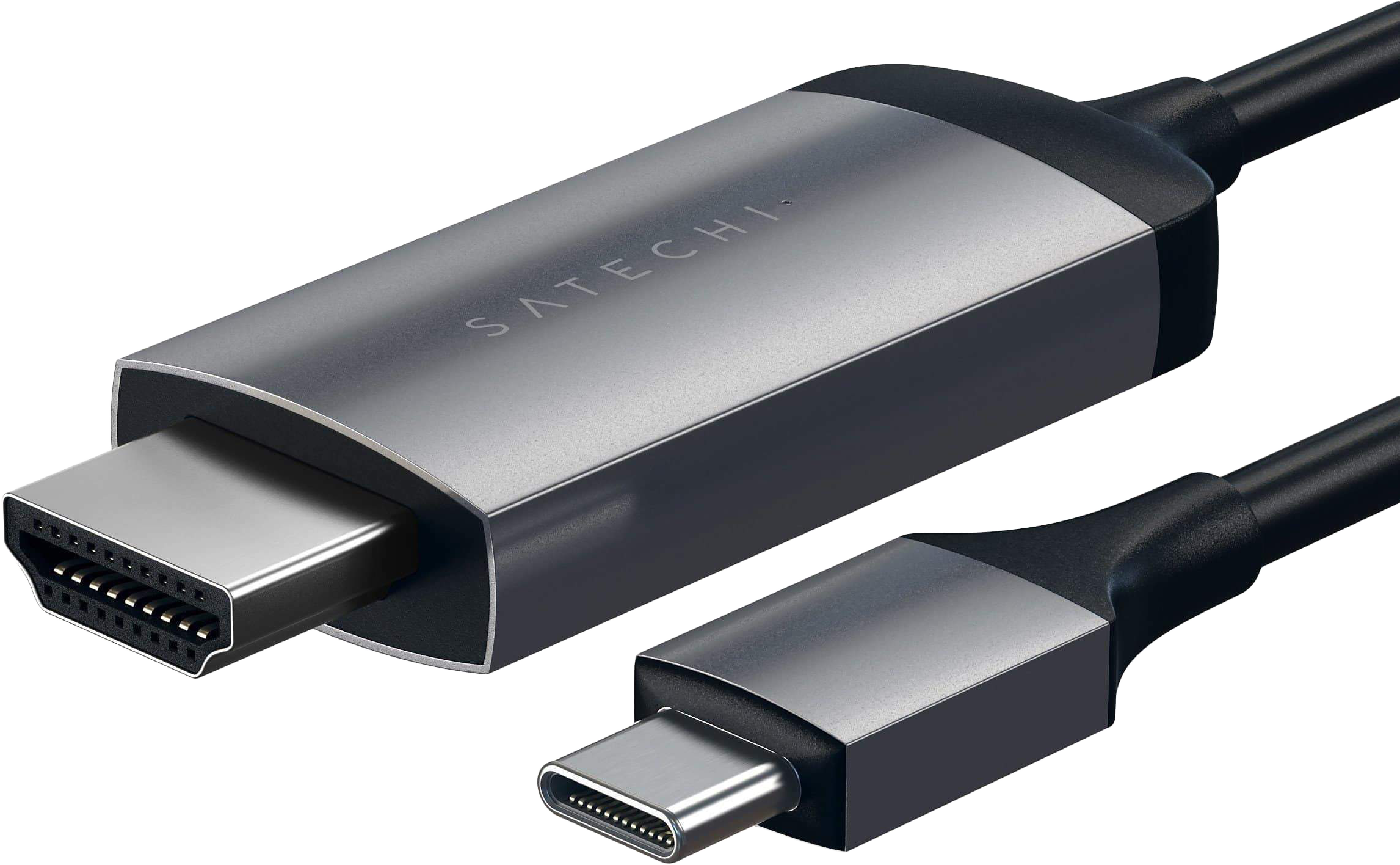 HDMI-USB-C kábel, HDMI csatlakozóval az egyik, USB-C csatlakozóval a másik végén.