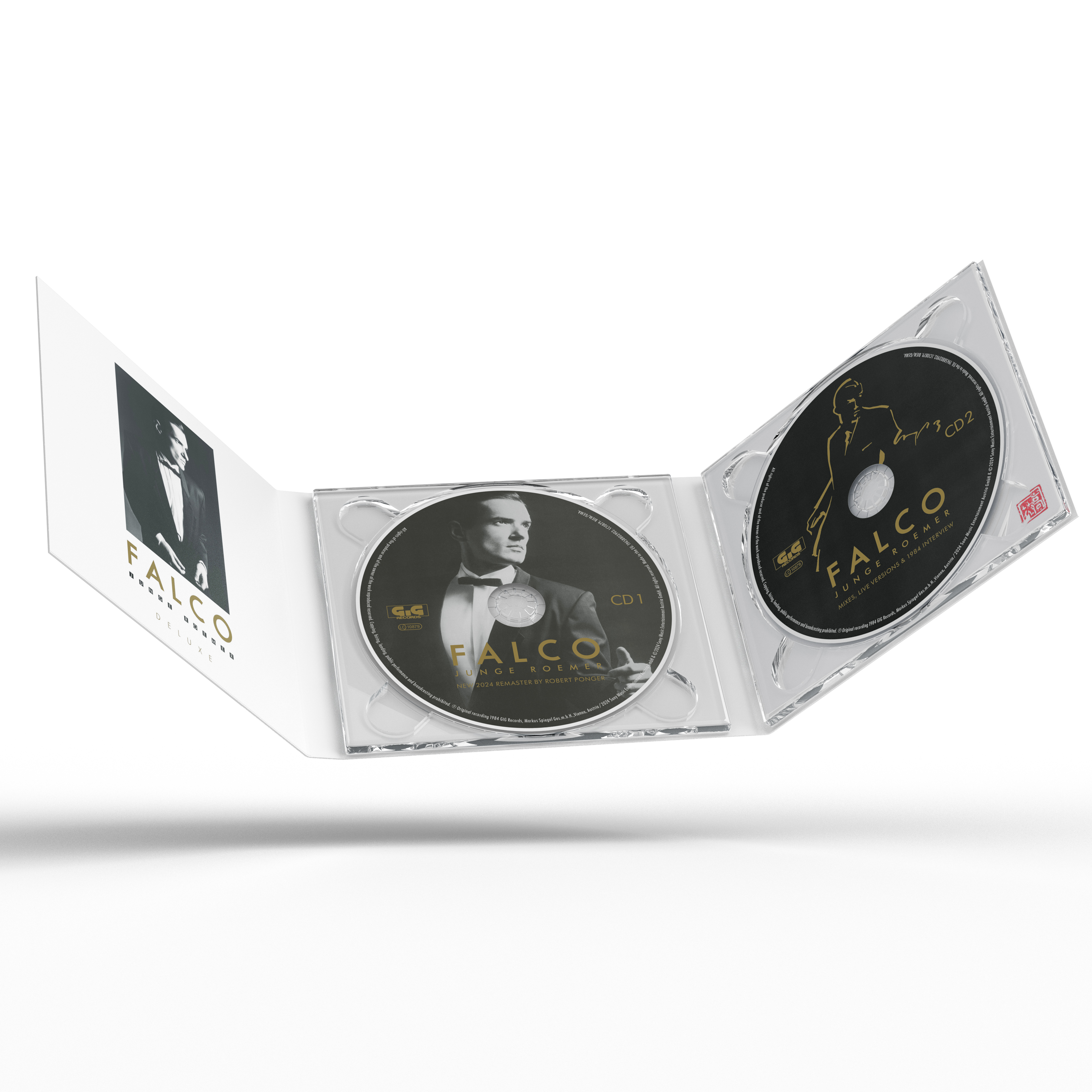 Eine offene CD-Hülle mit zwei Falco-CDs. Das Cover zeigt ein Schwarz-Weiß-Porträt von Falco.