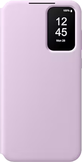 Liliowe etui na smartfon z ekranem pokazującym godzinę i poziom naładowania baterii.