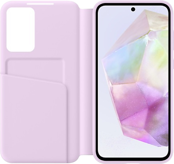 Różowe etui na telefon z otwartą klapką pokazujące telefon. Telefon wyświetla kolorowy, abstrakcyjny wzór.