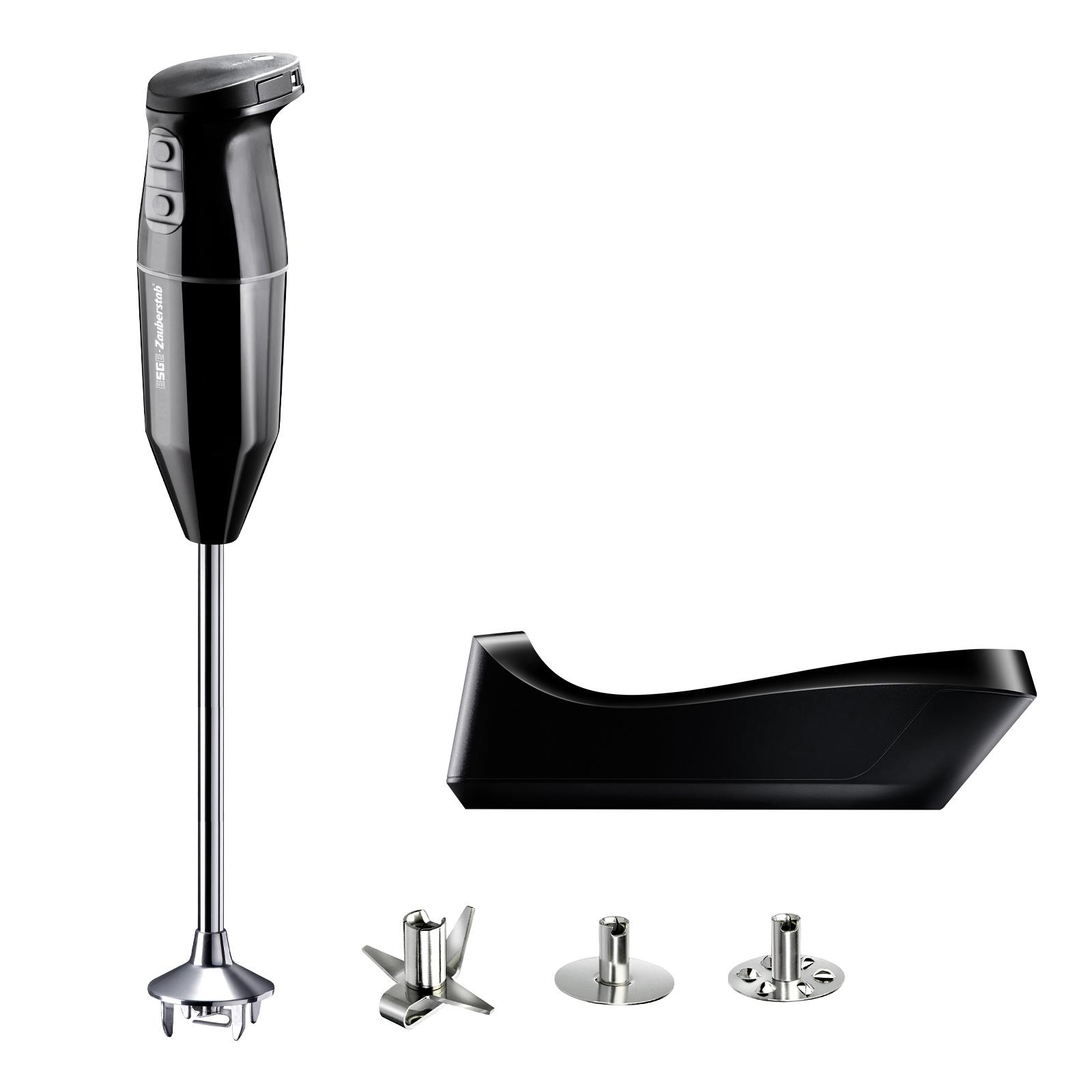 Schwarzer Stabmixer mit Aufsätzen auf weißem Hintergrund. Inklusive Basis.