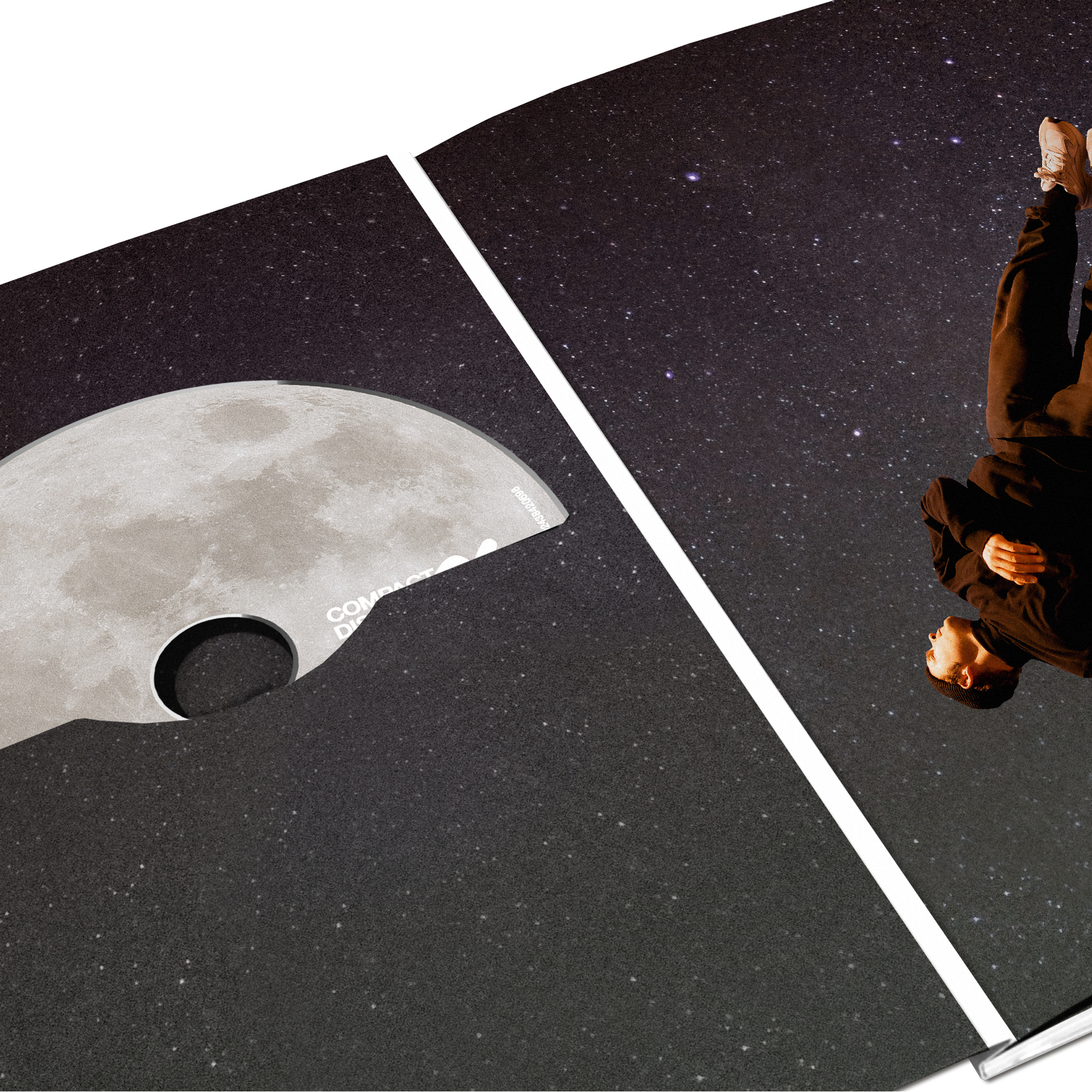 Eine Person im Weltraum stürzt, der Mond ist links, eine CD ist davor.