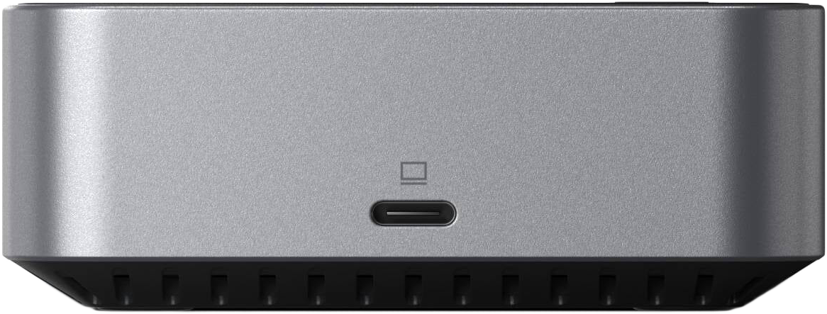 Egy ezüst színű eszköz USB-C porttal és egy szimbólummal.