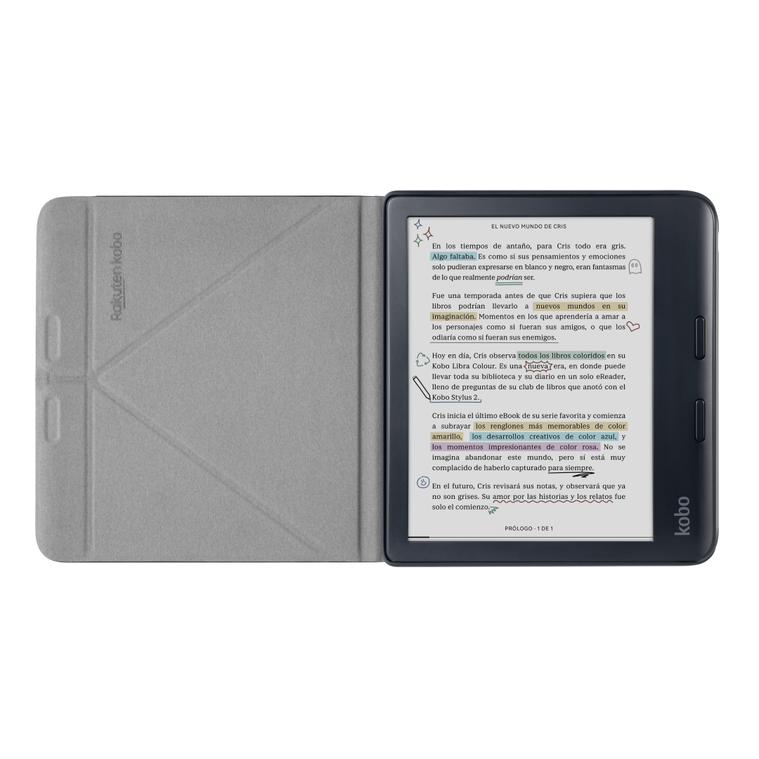 Lector electrónico Kobo gris con cubierta abierta, mostrando texto en pantalla.