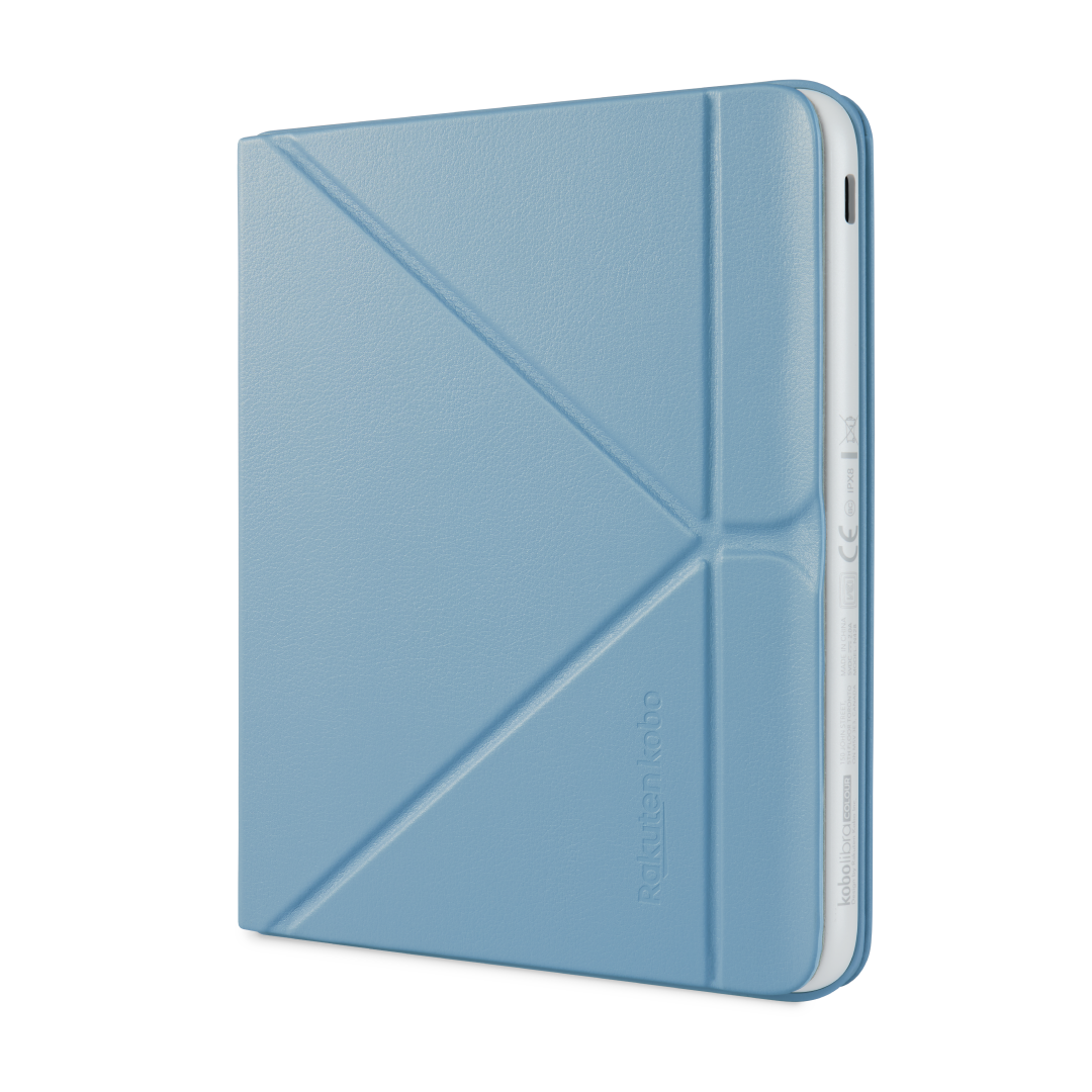Un lector electrónico Kobo azul claro en una funda azul claro con diseño geométrico.