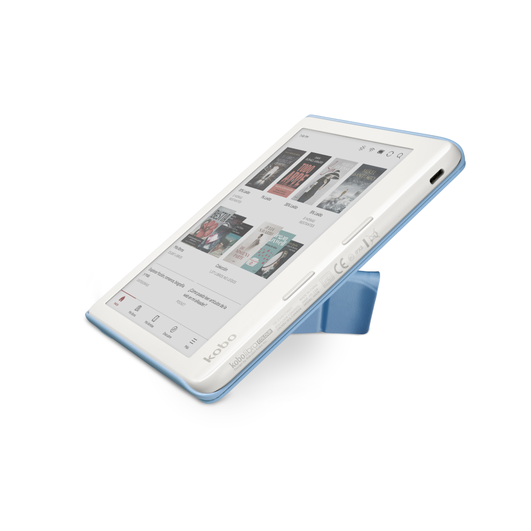 Un lector electrónico Kobo en una funda azul, que muestra portadas de libros.