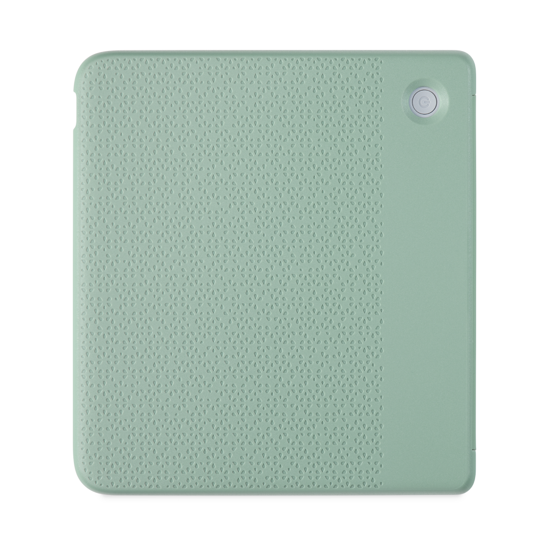 Funda de tableta verde claro, superficie texturizada, con botón lateral.