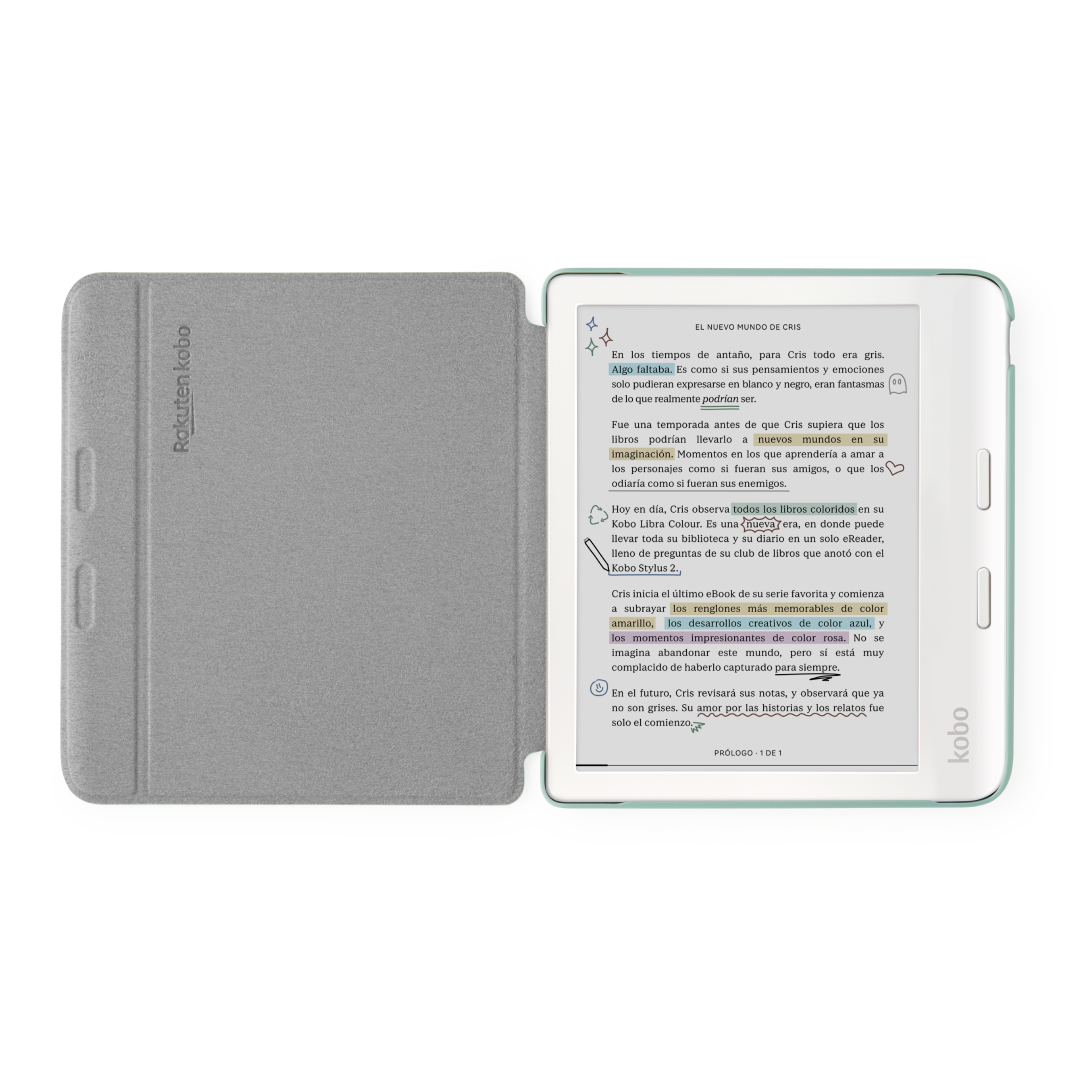 Un lector electrónico Kobo abierto con texto en la página derecha y una cubierta gris a la izquierda.