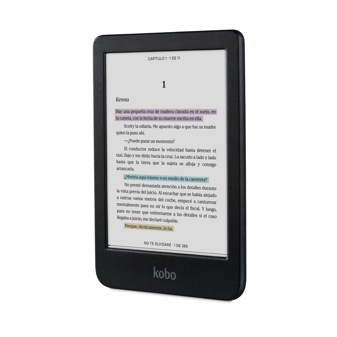 Un lector de libros electrónicos Kobo negro muestra texto. La pantalla muestra texto.