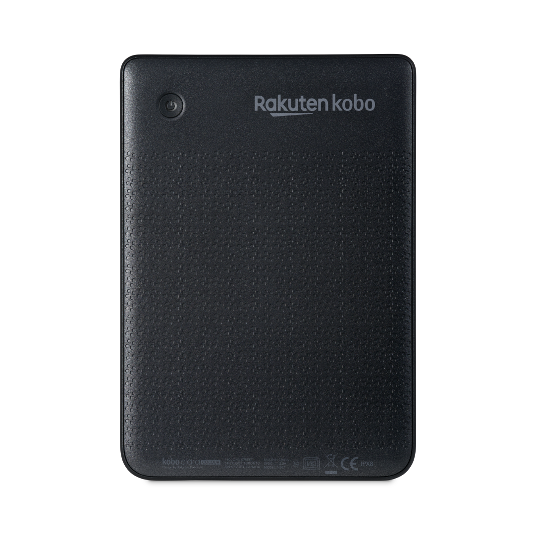 Lector de libros electrónicos Kobo negro. 'Rakuten kobo' escrito en la parte trasera.