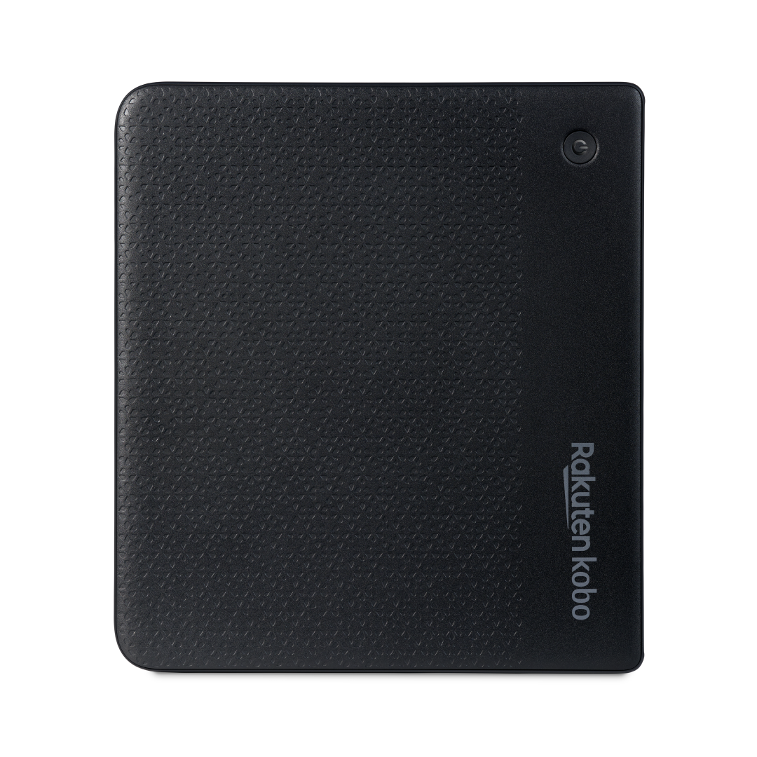 Un lector electrónico Rakuten Kobo negro, mostrando la parte trasera con un patrón texturizado y botón encendido.