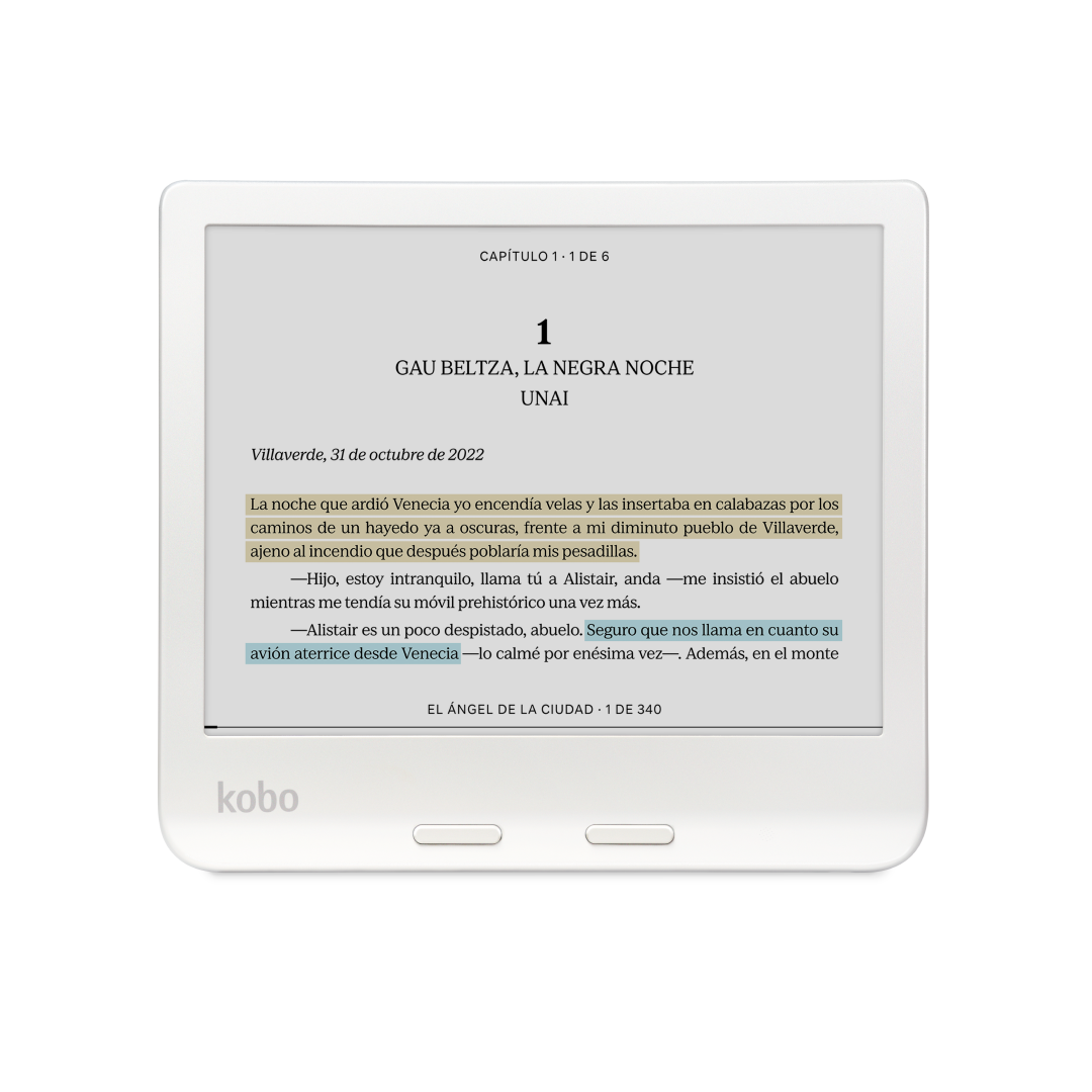 Lector electrónico mostrando texto en español, 'Gau Beltza, La Negra Noche', sobre fondo blanco.