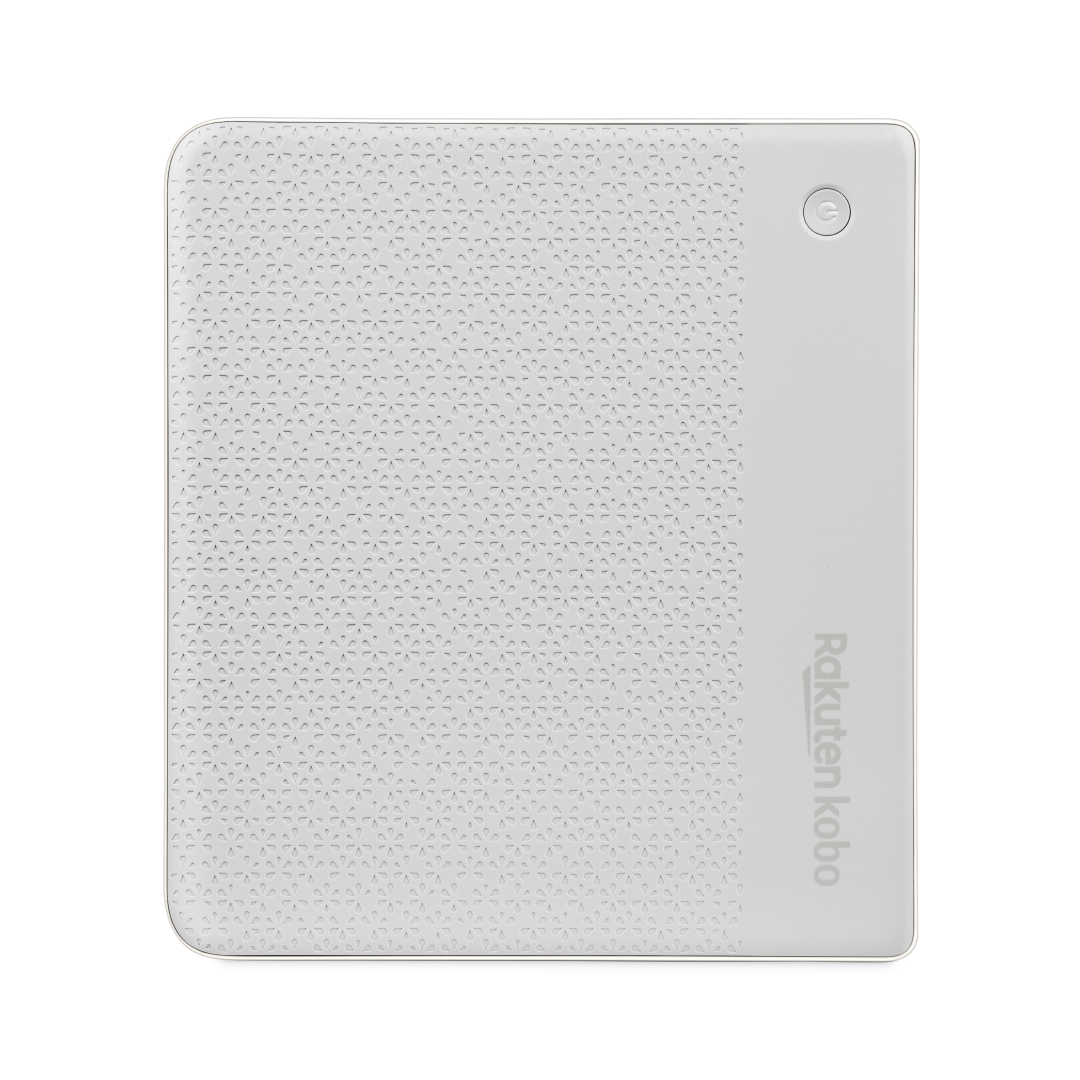Dispositivo Rakuten Kobo blanco con parte trasera estampada y botón de encendido.