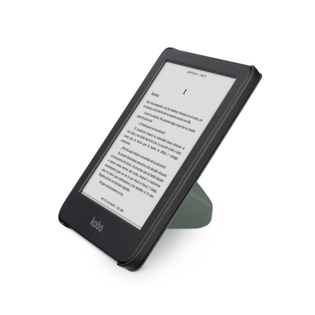 Un lector de libros electrónicos Kobo en un soporte verde, mostrando texto en su pantalla.