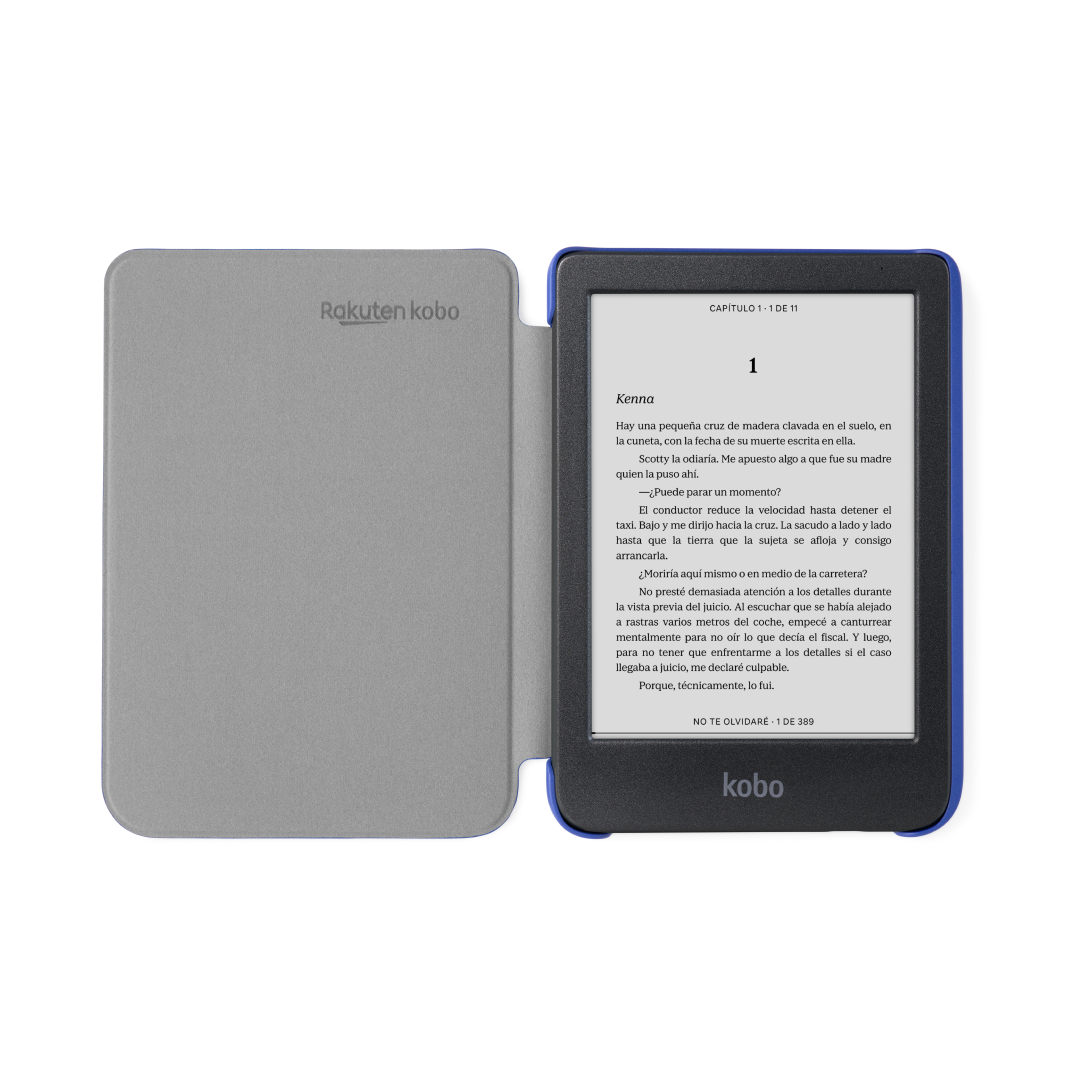 Un lector electrónico Kobo, abierto, mostrando texto sobre un fondo blanco.