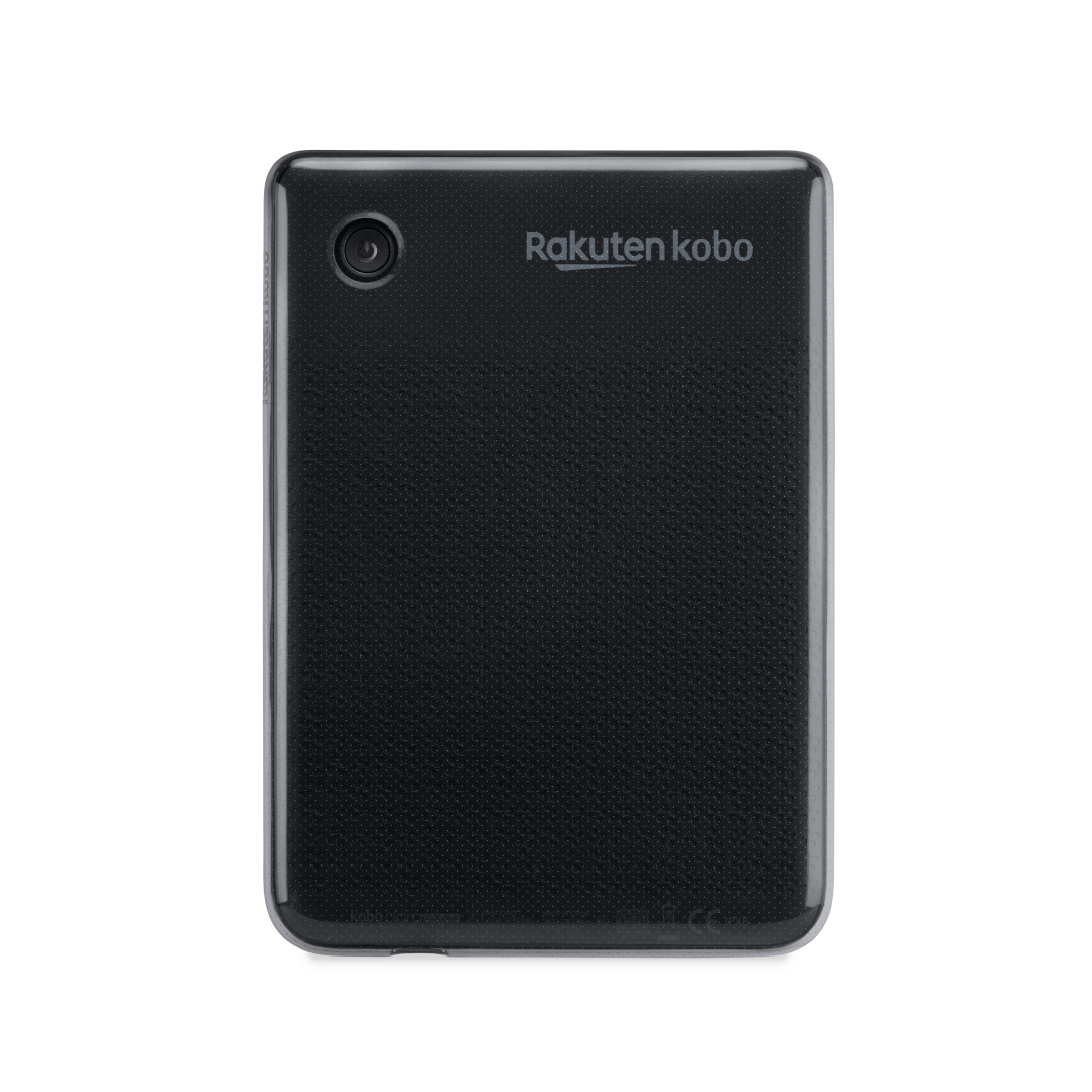 Parte trasera negra del lector electrónico Kobo. Tiene un botón de encendido y la marca Rakuten Kobo.