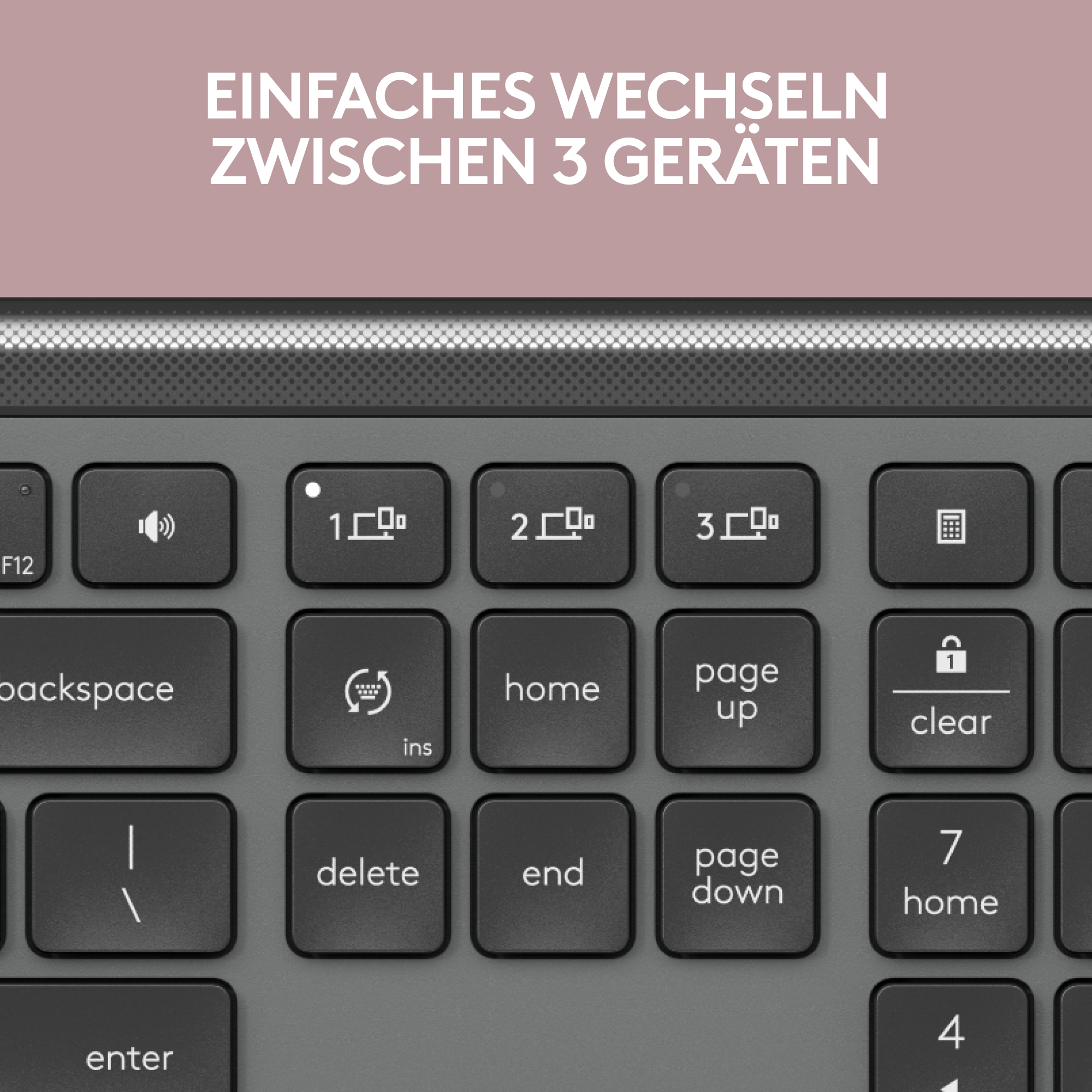 Nahaufnahme einer Tastatur mit Funktionstasten und Sondertasten, darüber Text auf Deutsch.