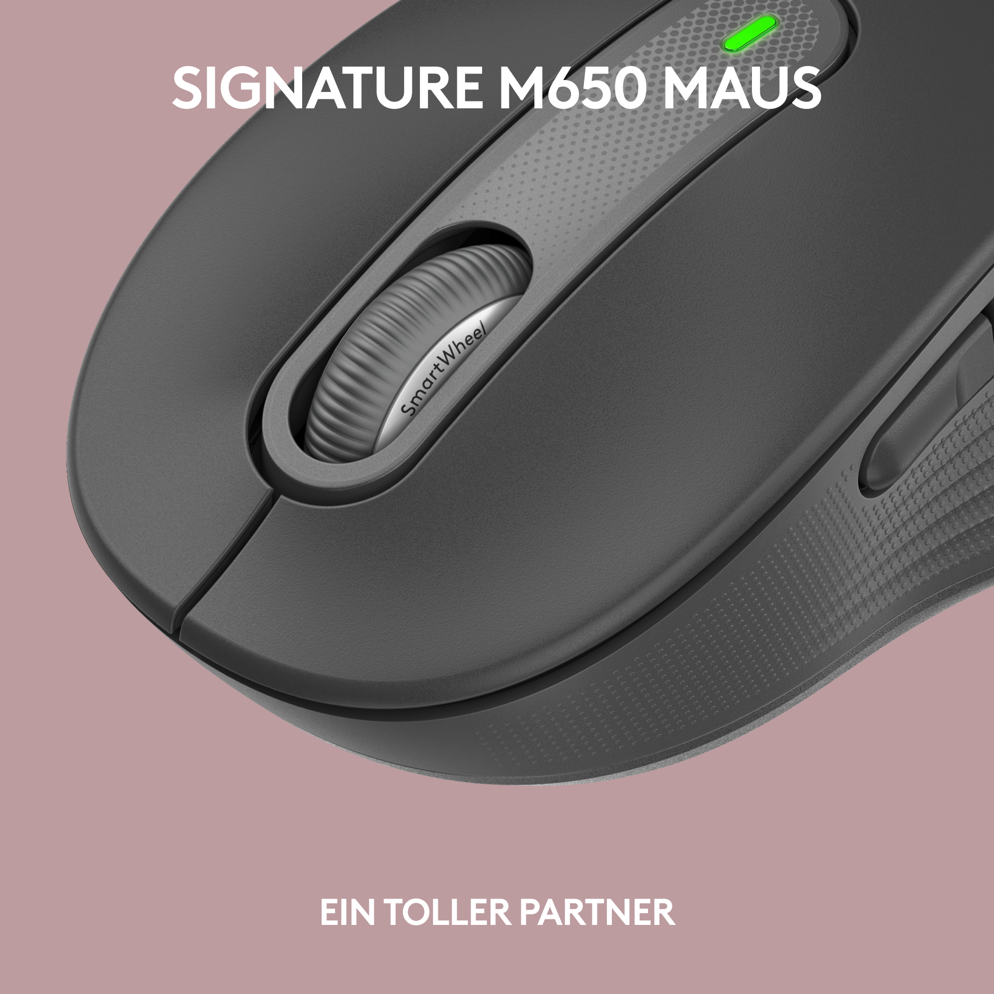 Nahaufnahme einer dunkelgrauen Maus mit einem Scrollrad. Die Maus ist mit 'Signature M650 MAUS' beschriftet.