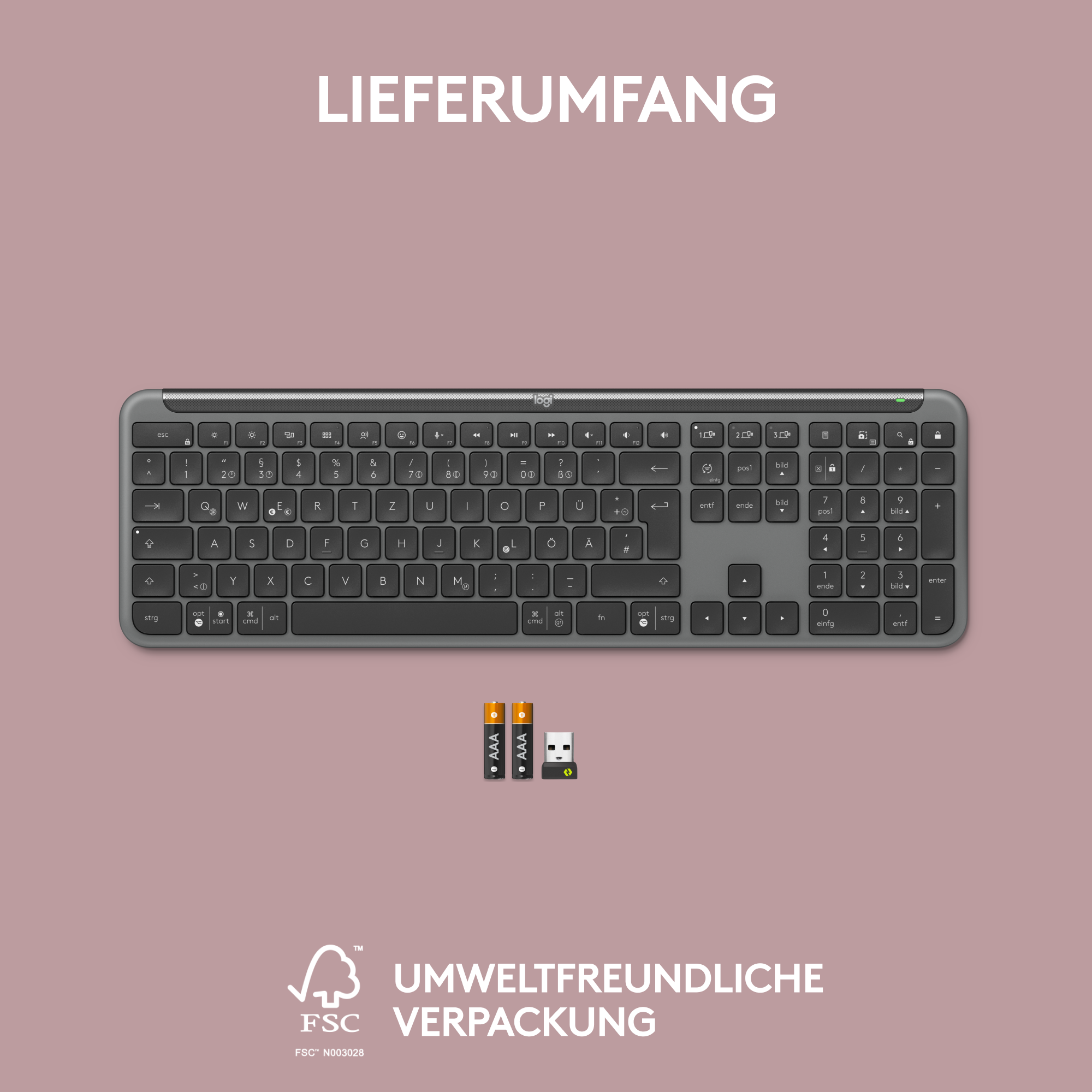 Logitech-Tastatur mit AAA-Batterien und USB-Empfänger auf hellbraunem Untergrund.