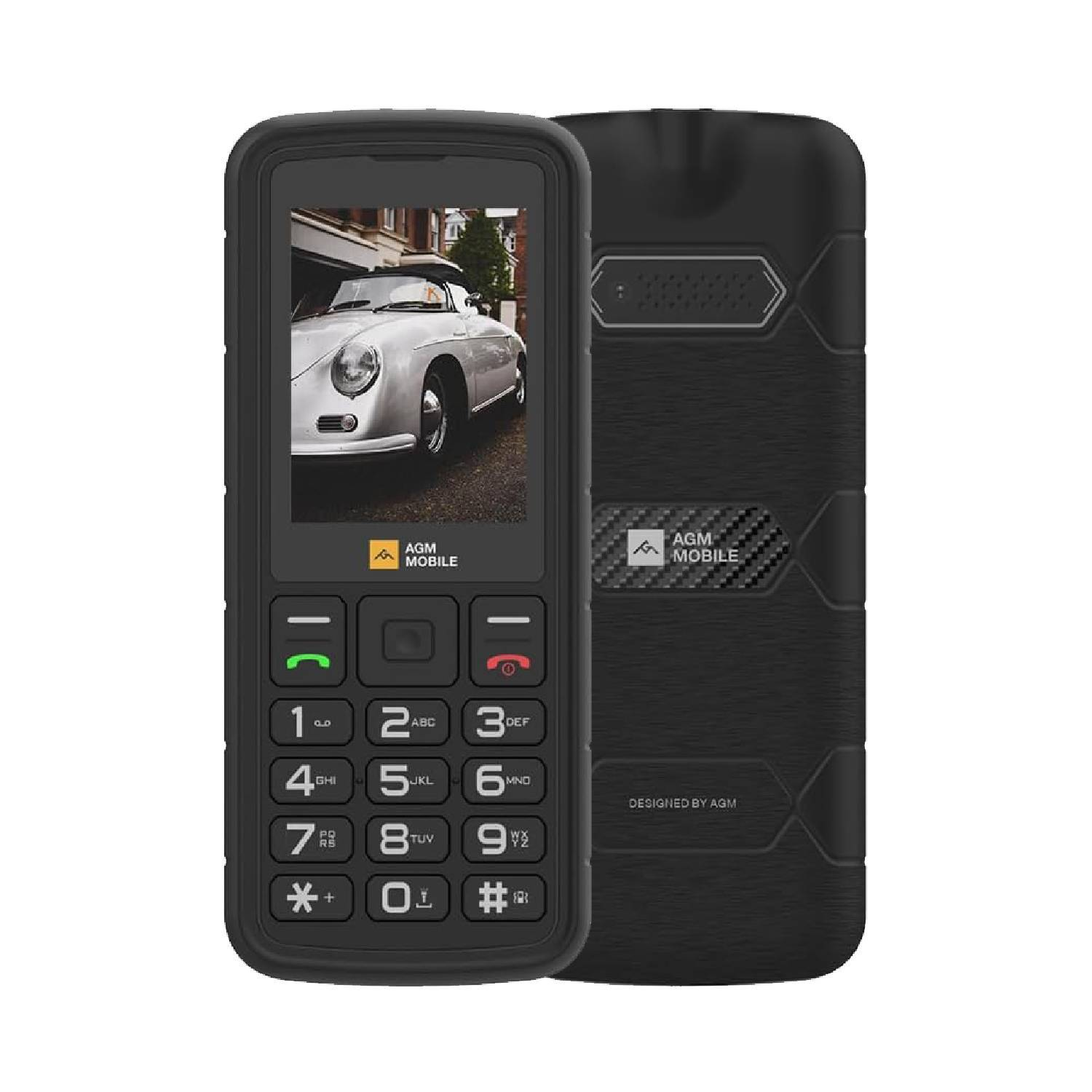 Black rugged phone showing a car on the screen, with back side visible. Black case.