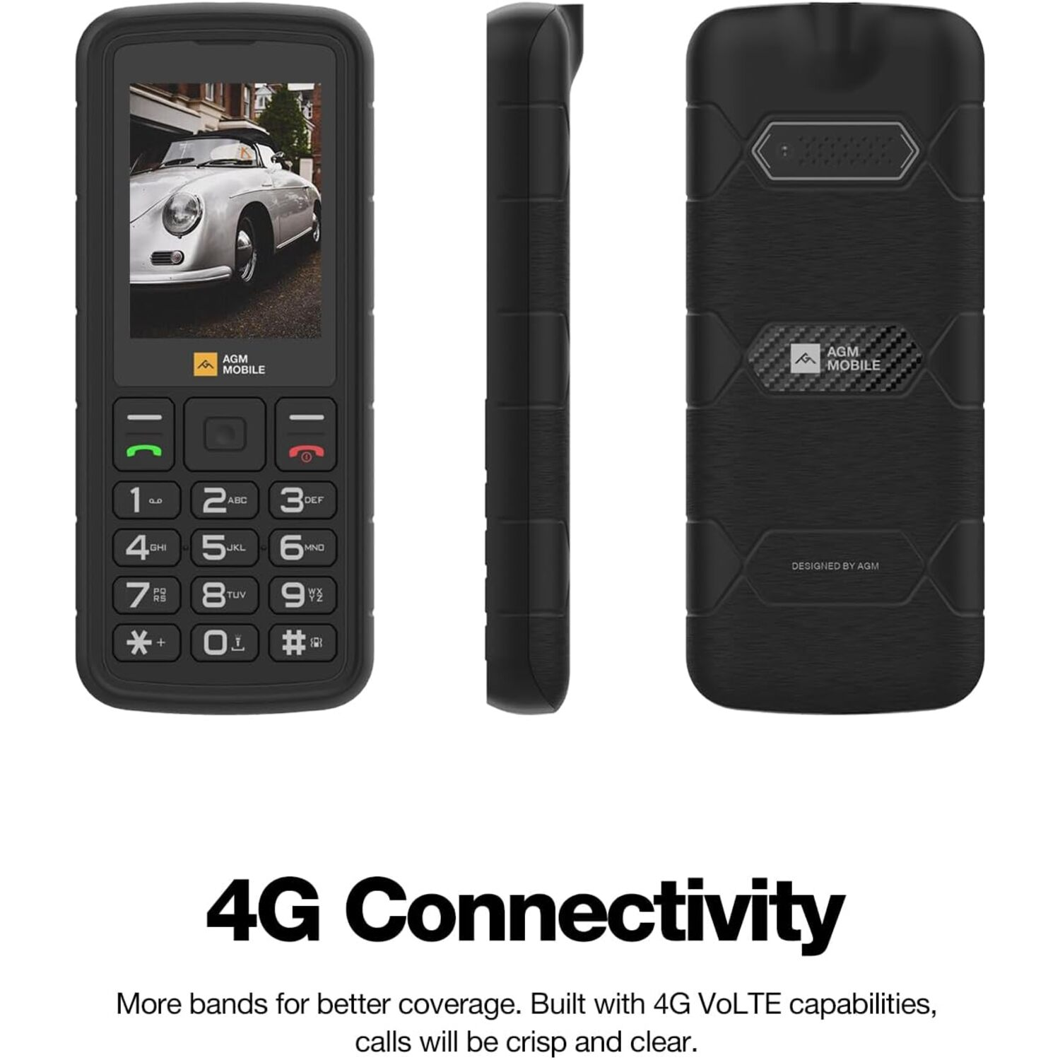 Black rugged phone with three views and 4G connectivity text below, white background.