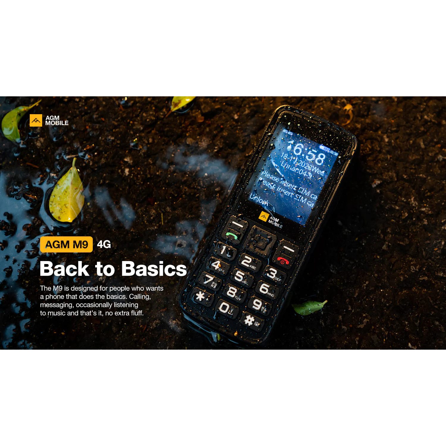 AGM M9 4G phone, black, on a wet surface with text and a clock display.