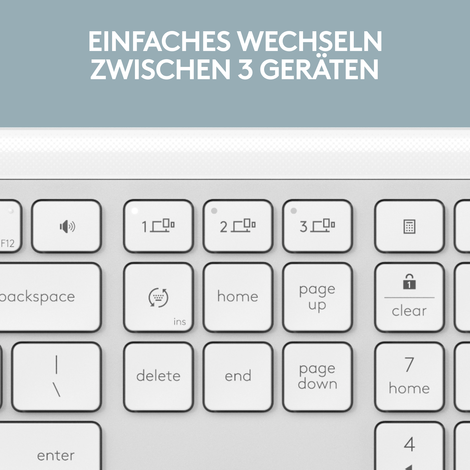 Nahaufnahme einer weißen Tastatur mit nummerierten Funktionstasten.