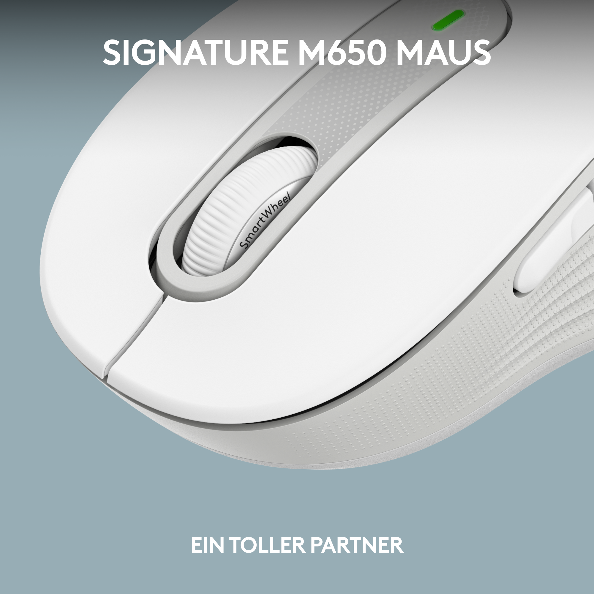 Weiße Logitech-Maus. SmartWheel, graues Scrollrad und grünes Licht sind sichtbar.