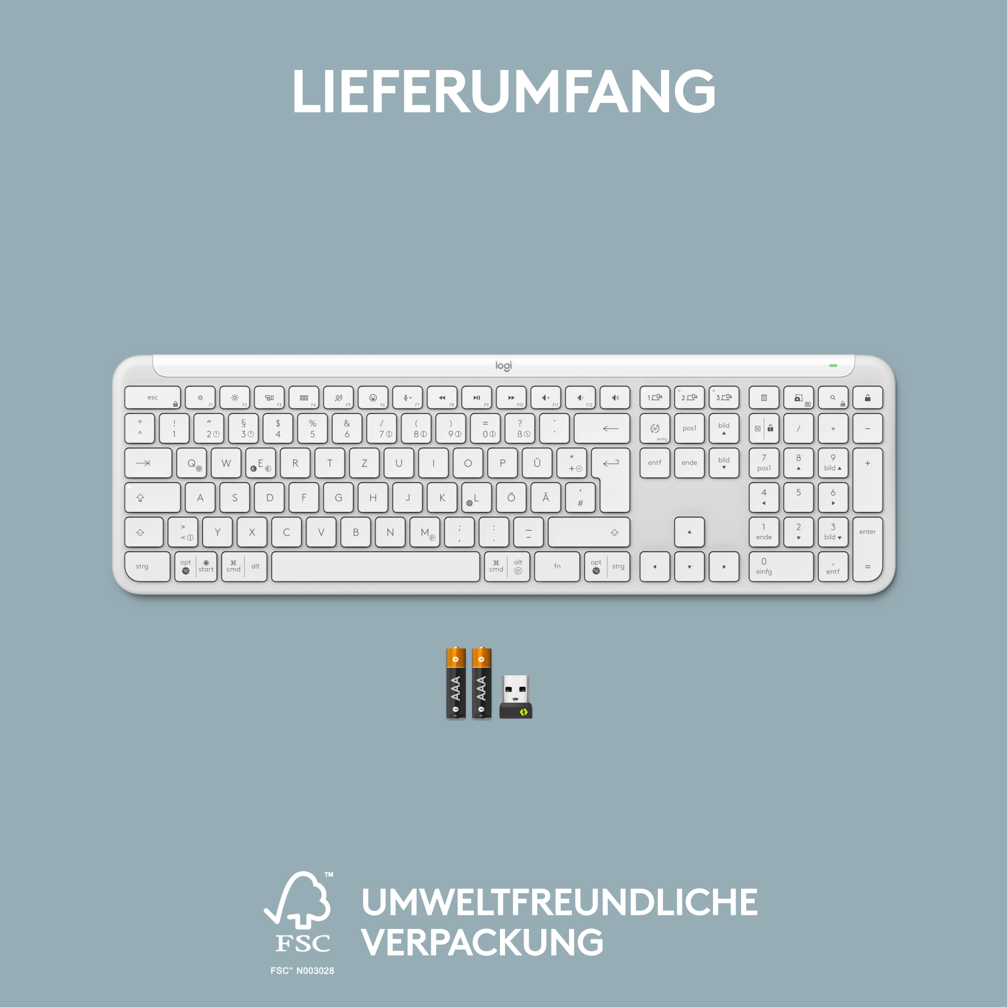 Weiße Tastatur mit Tasten, AAA-Batterien und einem USB-Empfänger.
