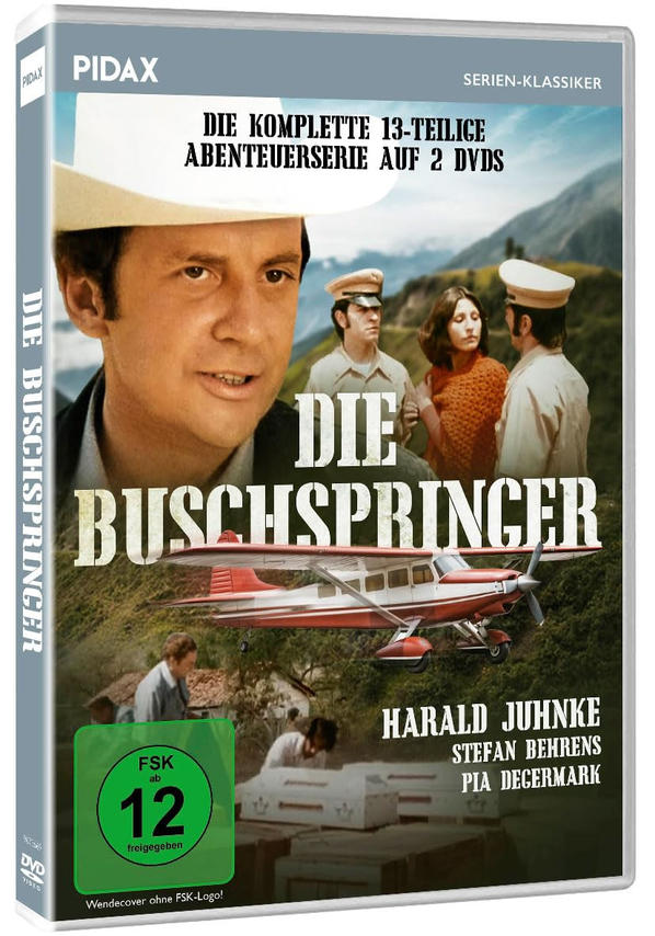 DVD-Hülle mit Bild eines Mannes und eines Flugzeugs. Text: 'Die Buschspringer'.