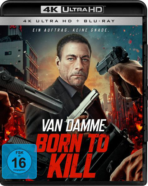Filmcover für „Born to Kill“. Ein Mann, der Waffen hält, umgeben von Chaos, mit Text und einem Bewertungsetikett.