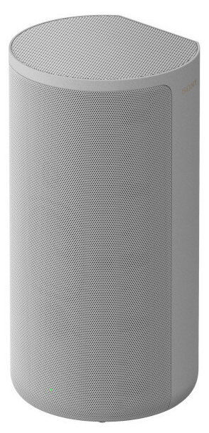 Szary, cylindryczny głośnik stoi na białym tle. Górna część ma zakrzywiony kształt.